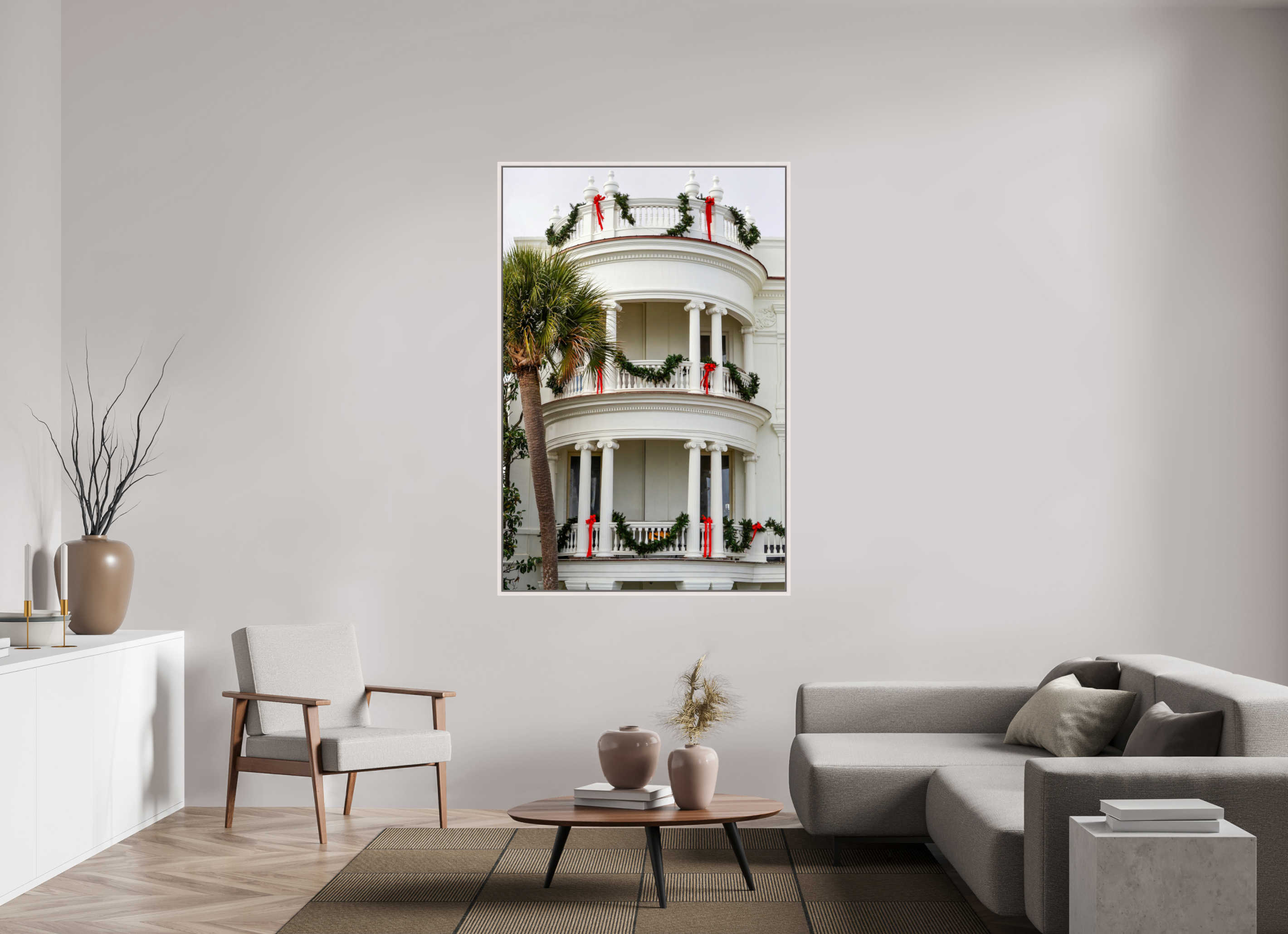 44 x 66″, Floater Frame, Basel 0.6", Maple White, Glossy Acrylic Glass Christmas on the Battery: Porcher-Simonds House