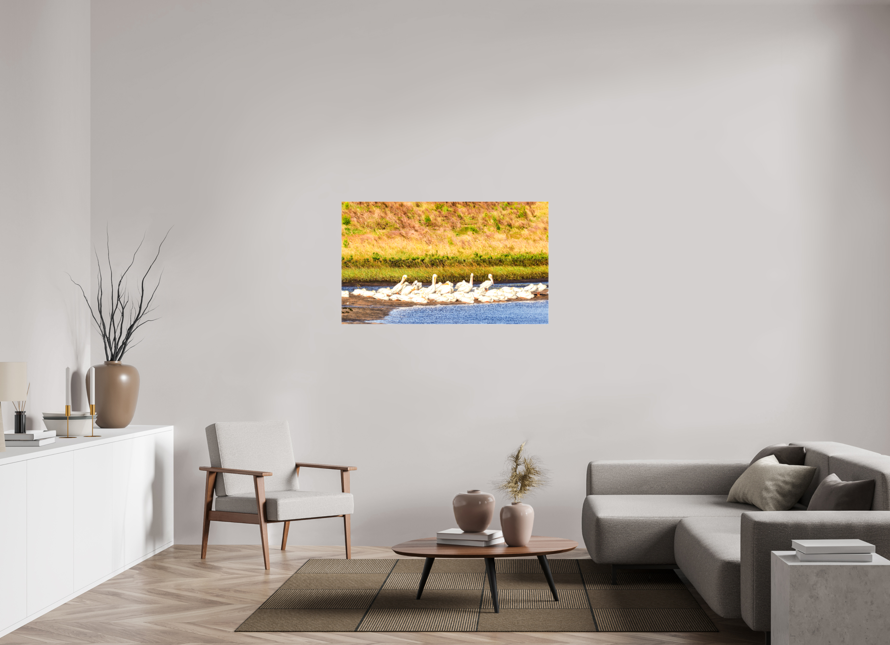 47.5 x 28″, Glossy Canvas on Stretcher Frame, 1,57" Wrapped White Pelicans Golden Hour Gathering