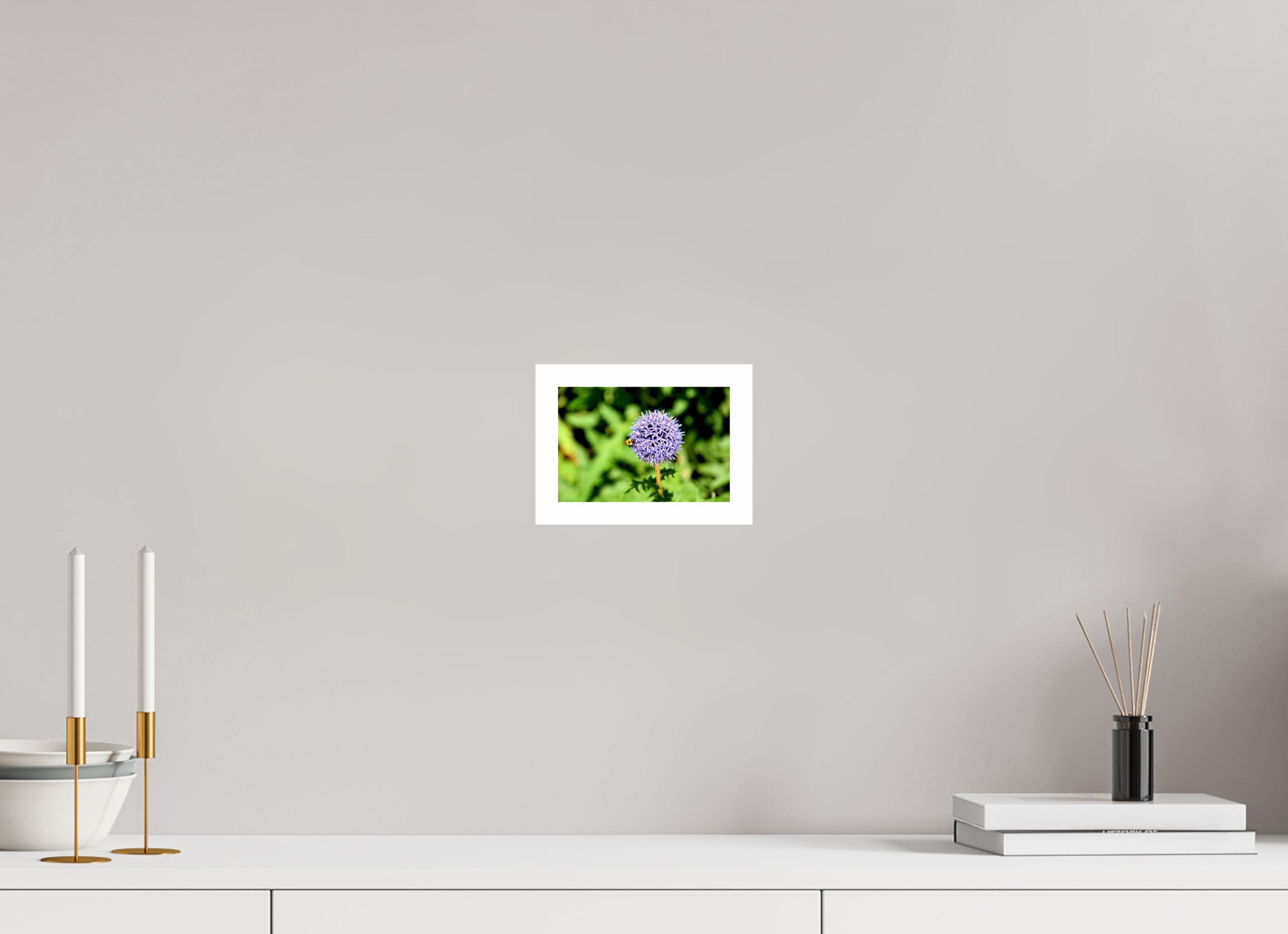6 x 4″, Hahnemühle FineArt Pearl Print, .79" white border The Bee & The Globe Thistle (Echinops)