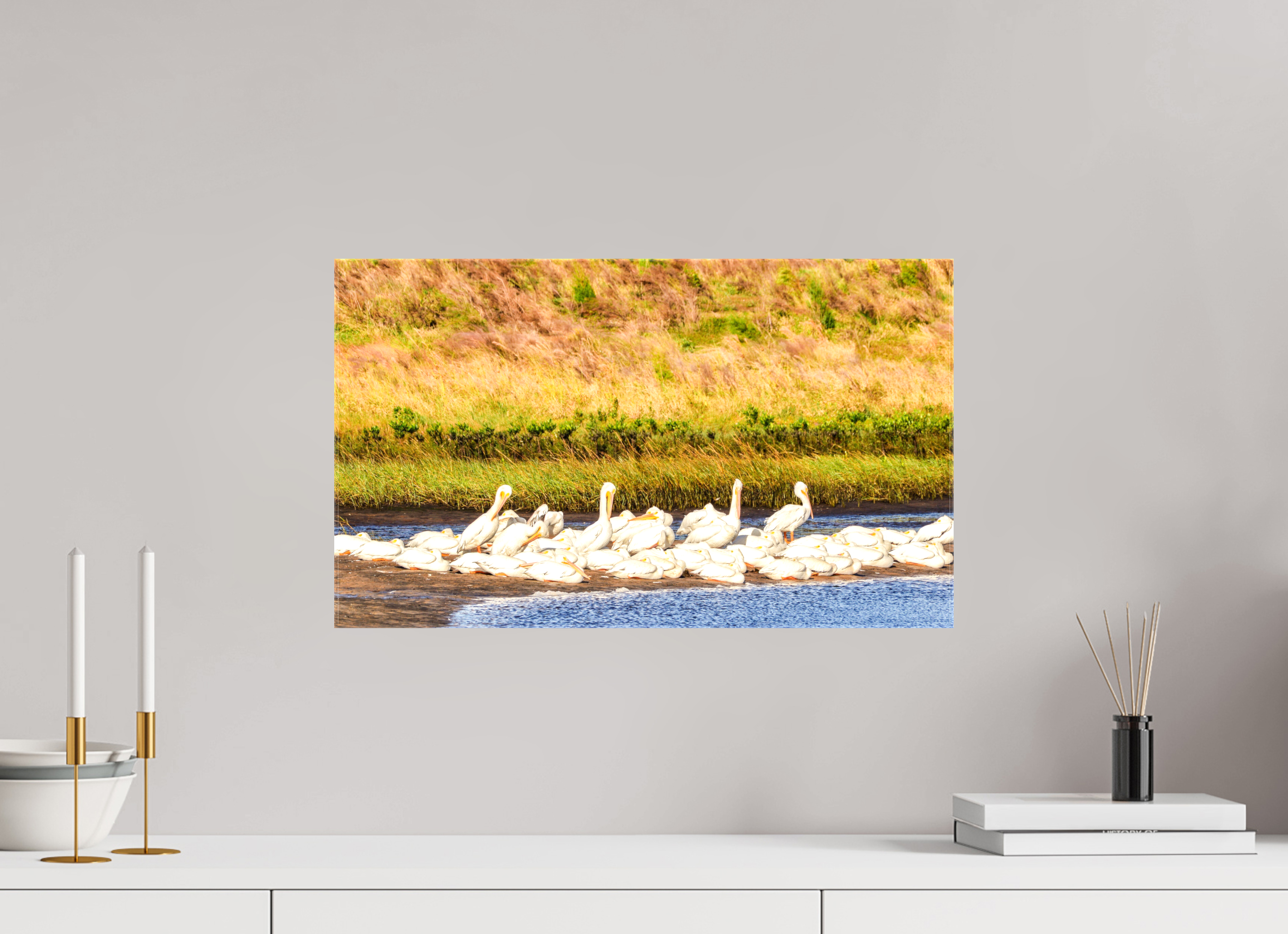 20.4 x 12″, Glossy Canvas on Stretcher Frame, 1,57" Wrapped White Pelicans Golden Hour Gathering