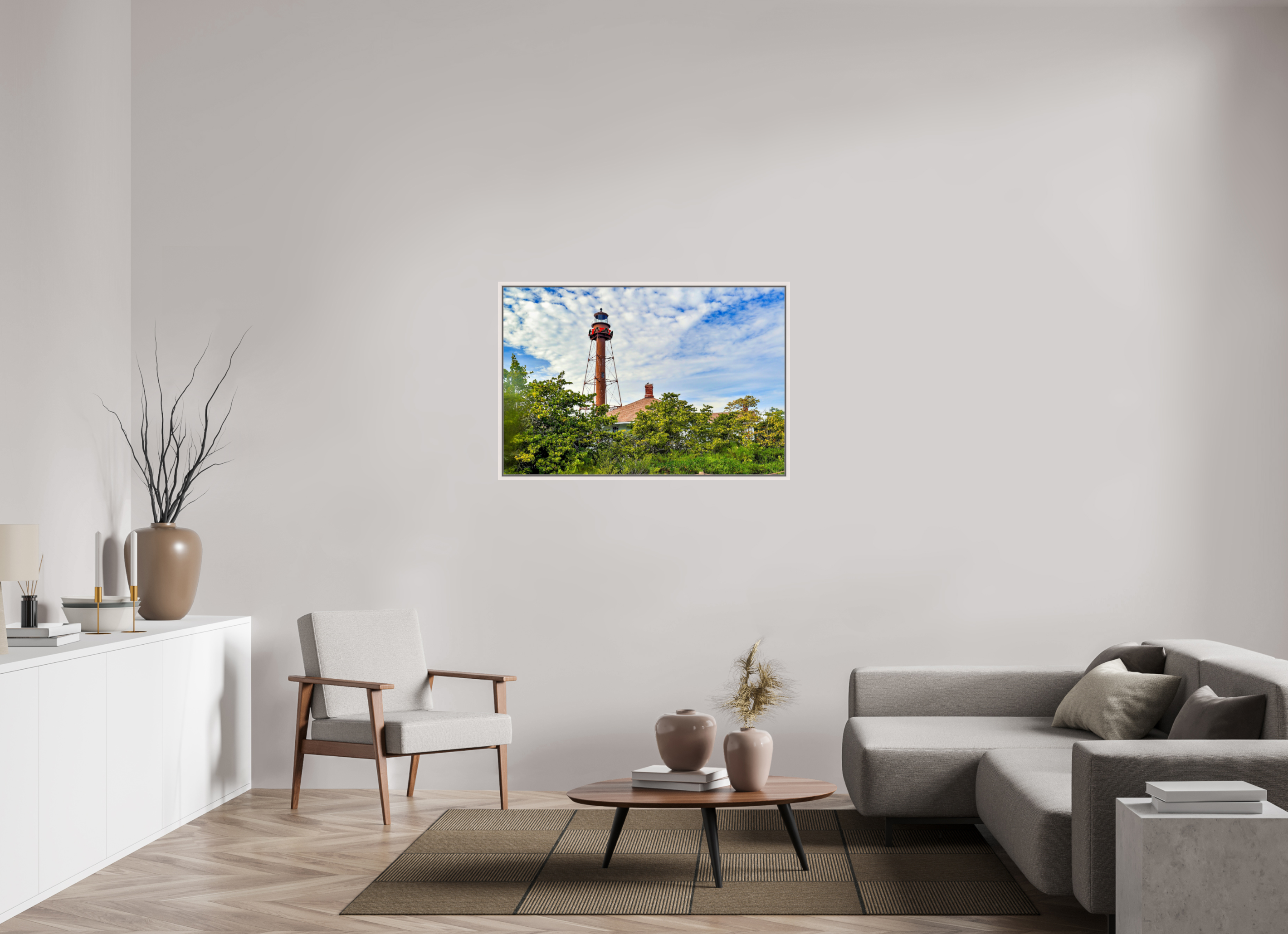 45 x 30″, Floating Frame, Photo Print Under Acrylic Glass Basel 0.6", Maple White Sanibel Island Lighthouse – Holiday Edition