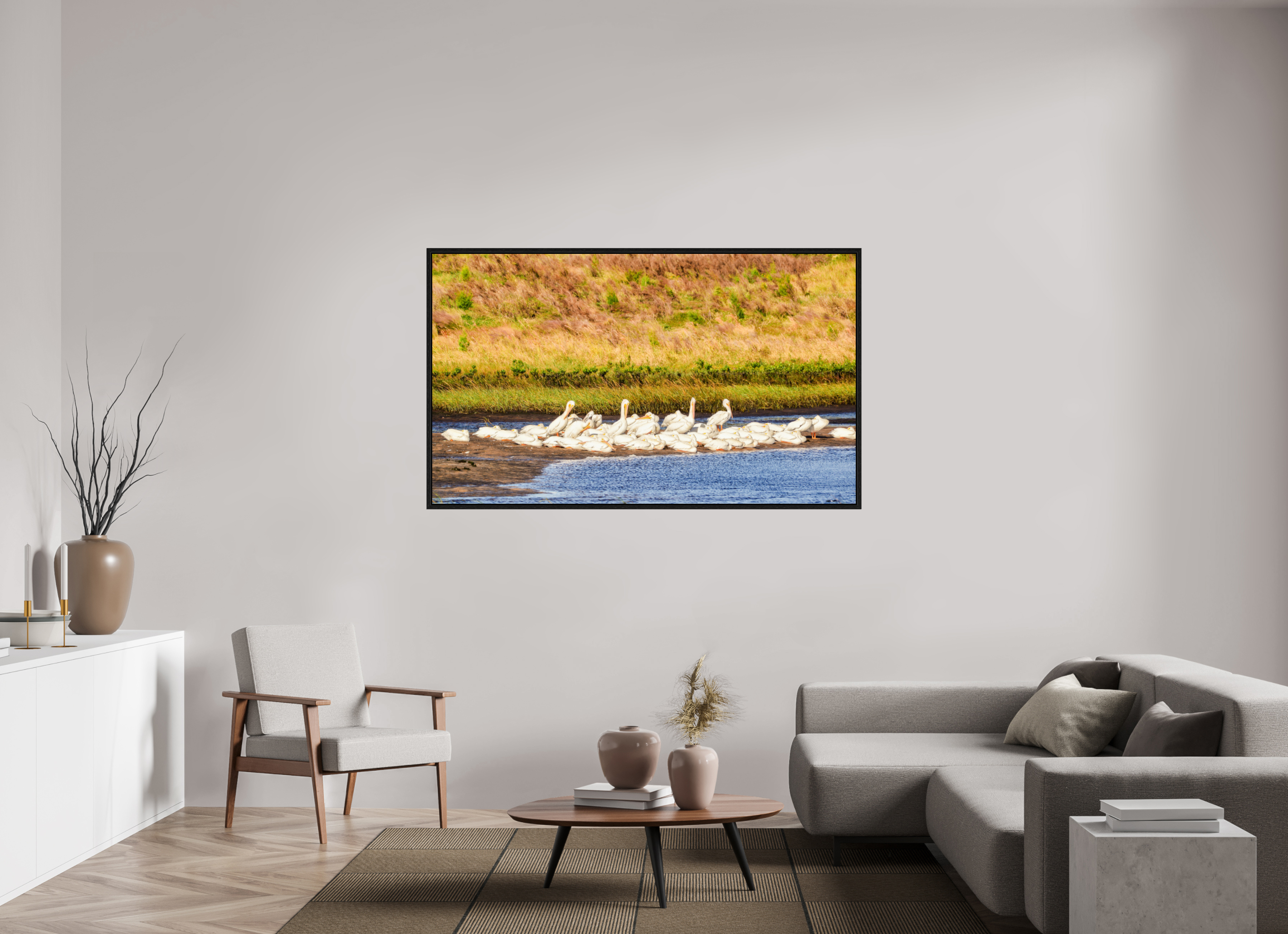66.1 x 39″, Floater Frame White Pelicans Golden Hour Gathering