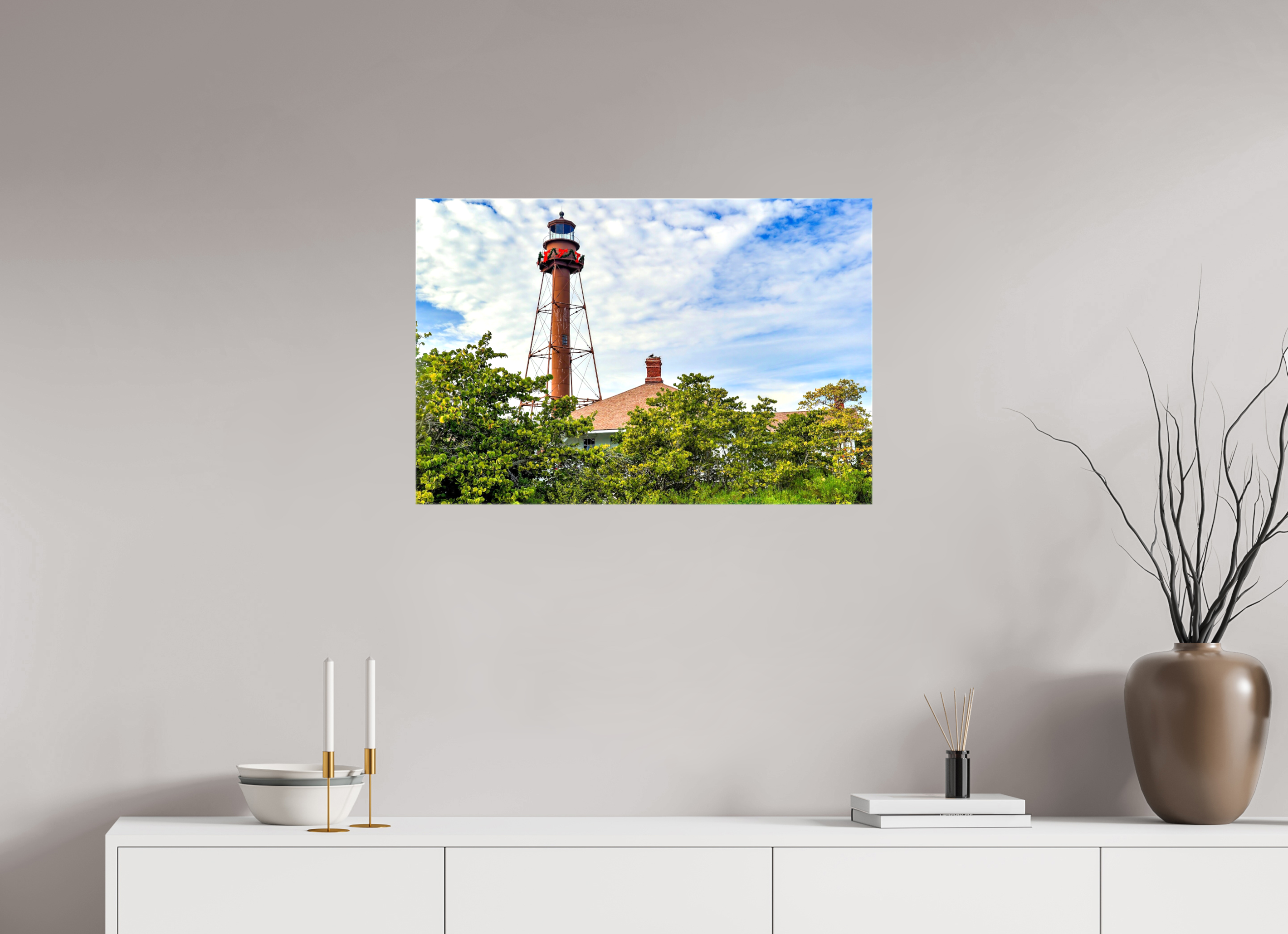 30 x 20″, Glossy Canvas on Stretcher Frame, 1,57" Wrapped Sanibel Island Lighthouse – Holiday Edition