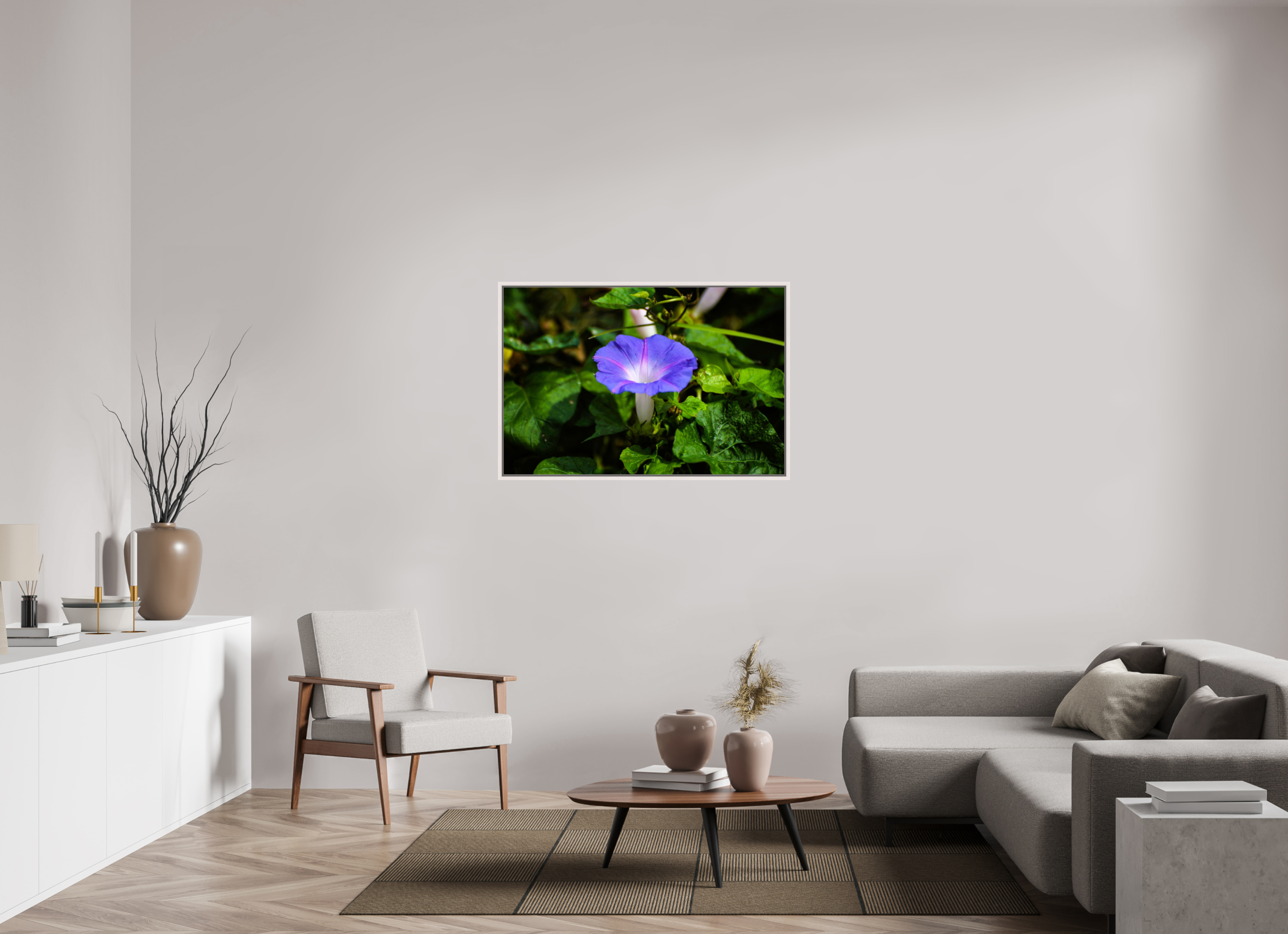 45 x 30″, Floater Frame, Basel 0.6", Maple White, Glossy Acrylic Glass Heavenly Blue Morning Glory