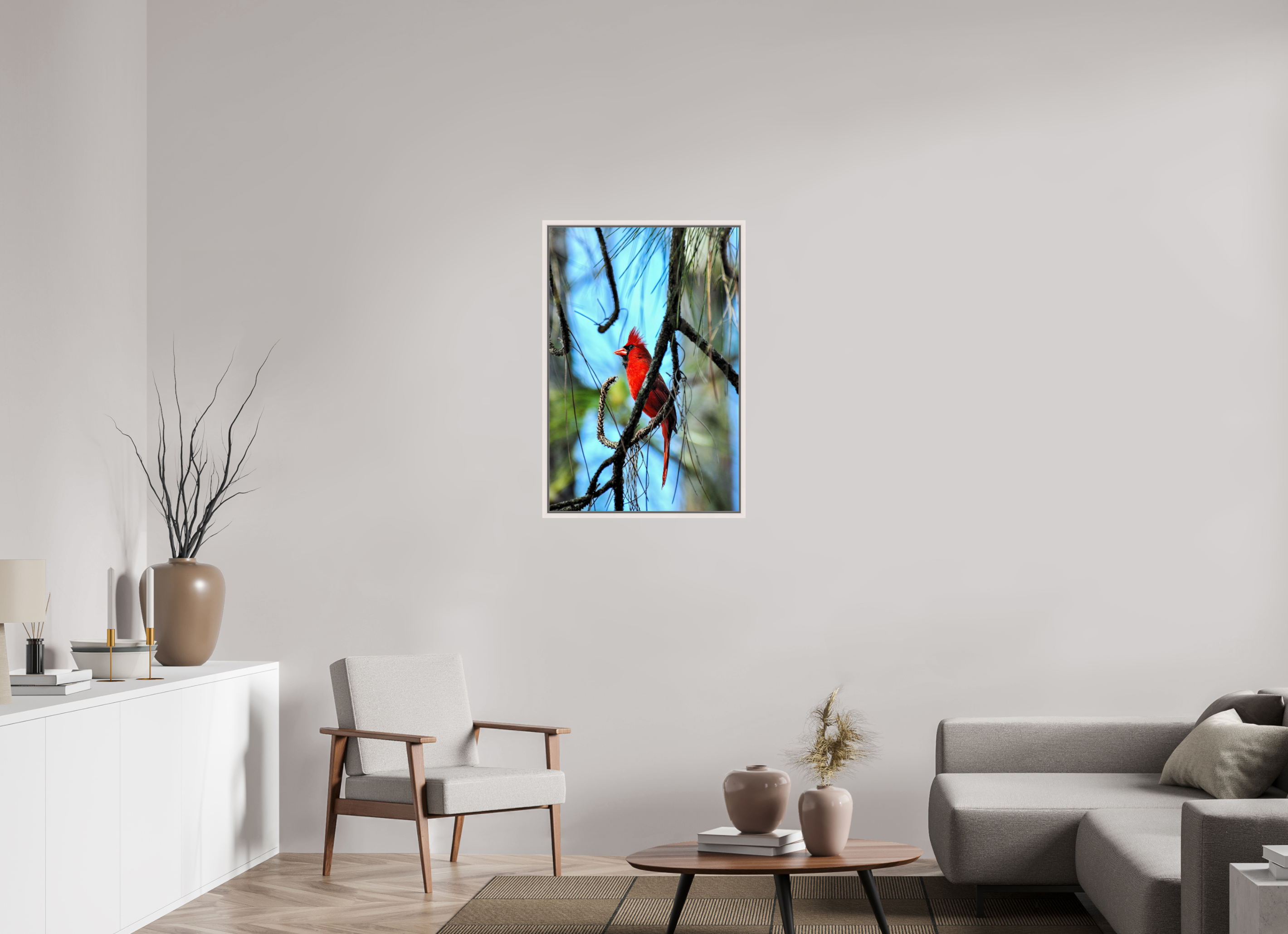24 x 36″, Floater Frame, Basel 0.6", Maple White, Glossy Acrylic Glass The Corkscrew Cardinal