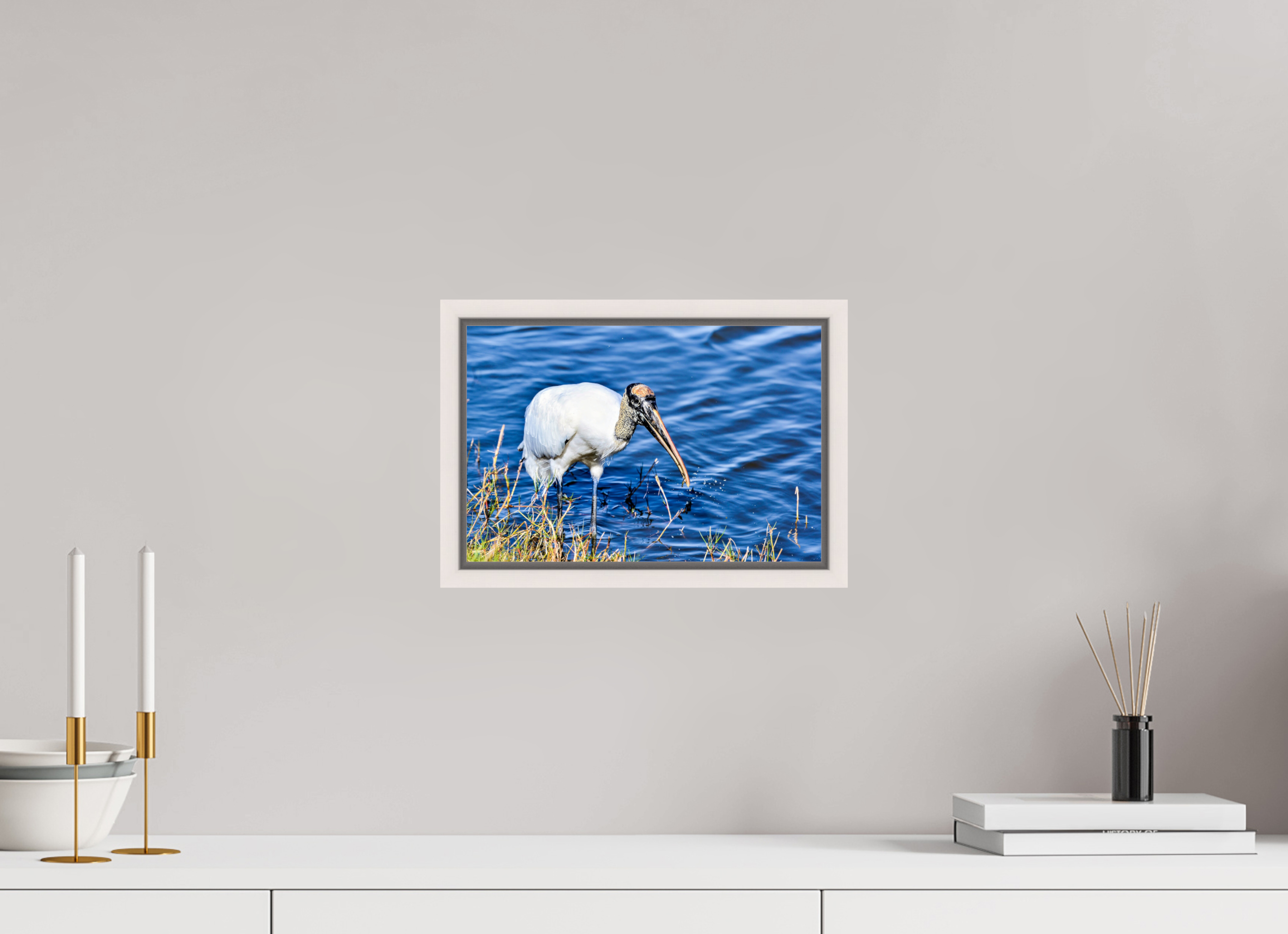 12 x 8″, Floater Frame, Basel 0.6", Maple White, Glossy Acrylic Glass The Morning Catch: Wood Stork in Action