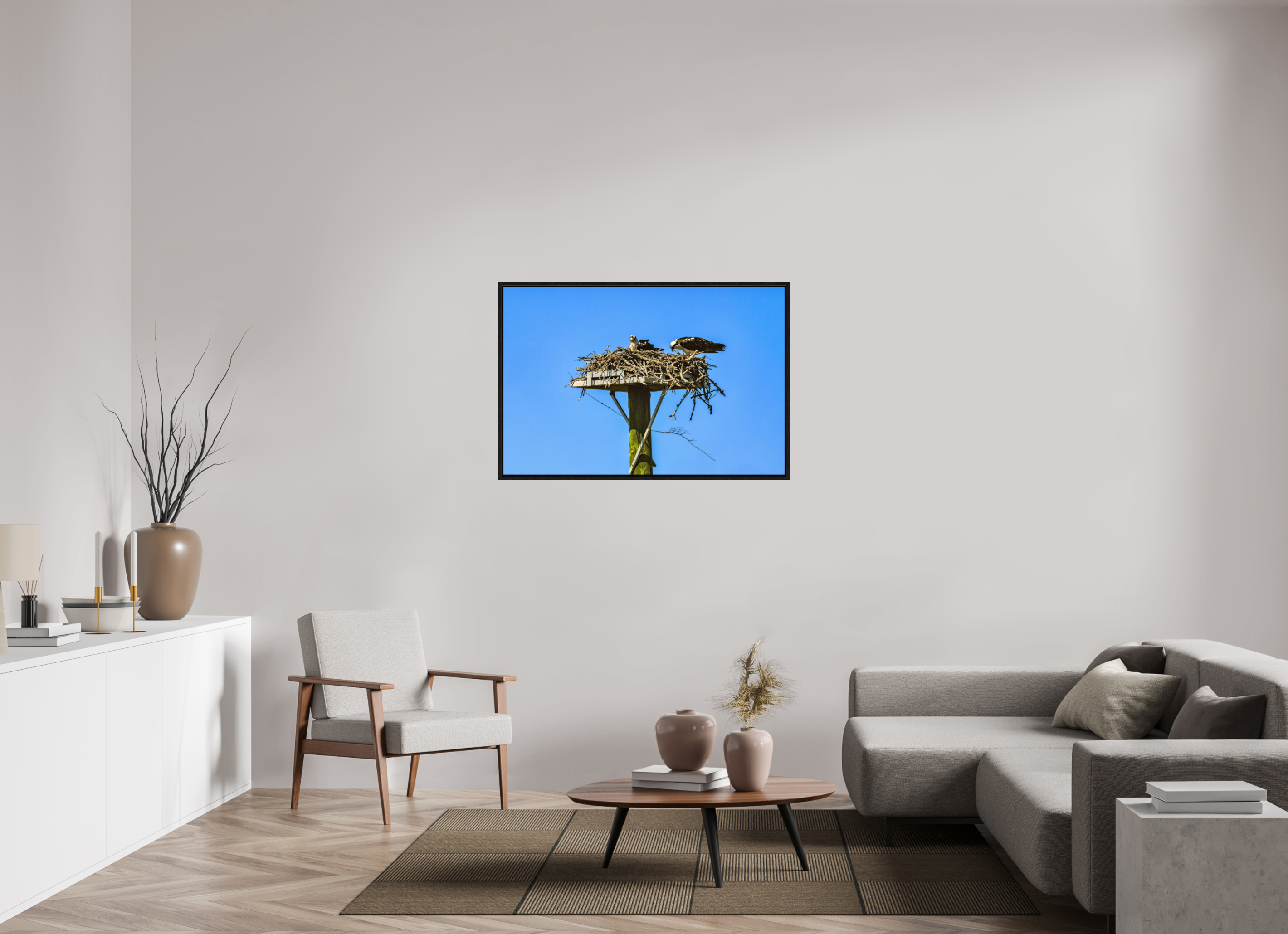 45 x 30″, Floater Frame, Basel 0.6", Black Oak, Glossy Acrylic Glass Osprey Outlook