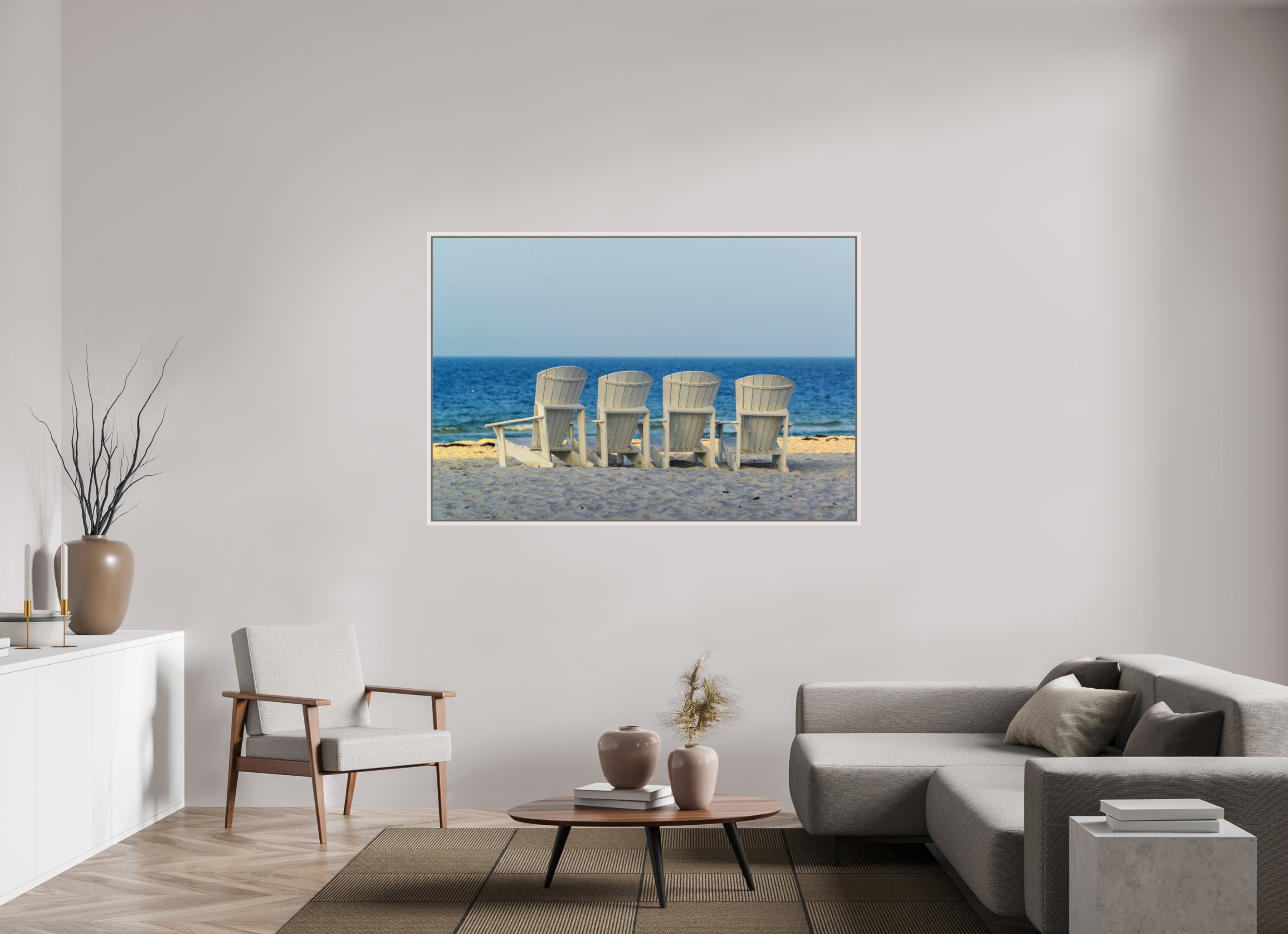 66 x 44″, Floater Frame, Basel 0.6", Maple White, Glossy Acrylic Glass Front Row for the Sunset