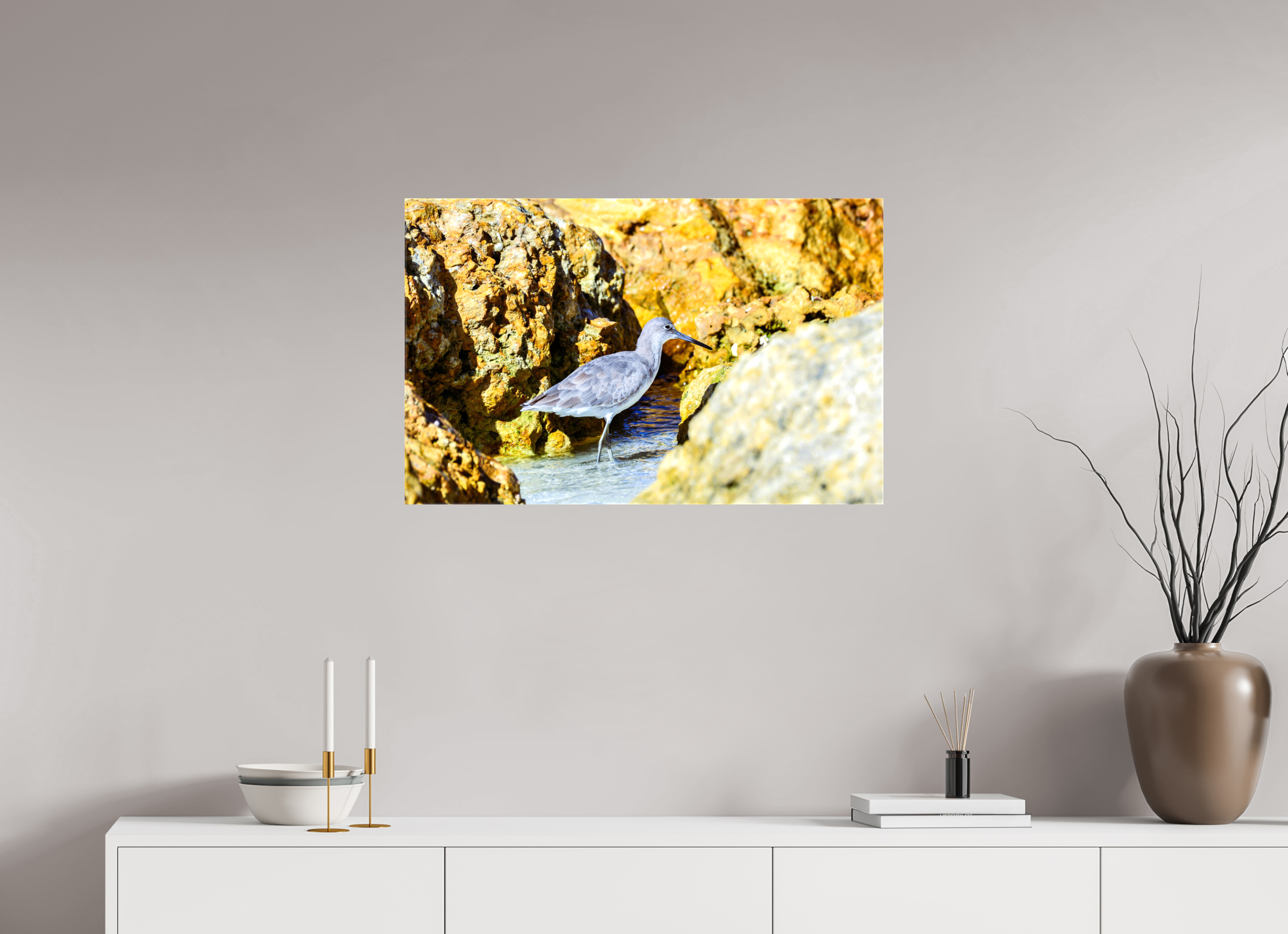31.5 x 20″, Glossy Canvas on Stretcher Frame, 1,57" Wrapped The Hiding Willet