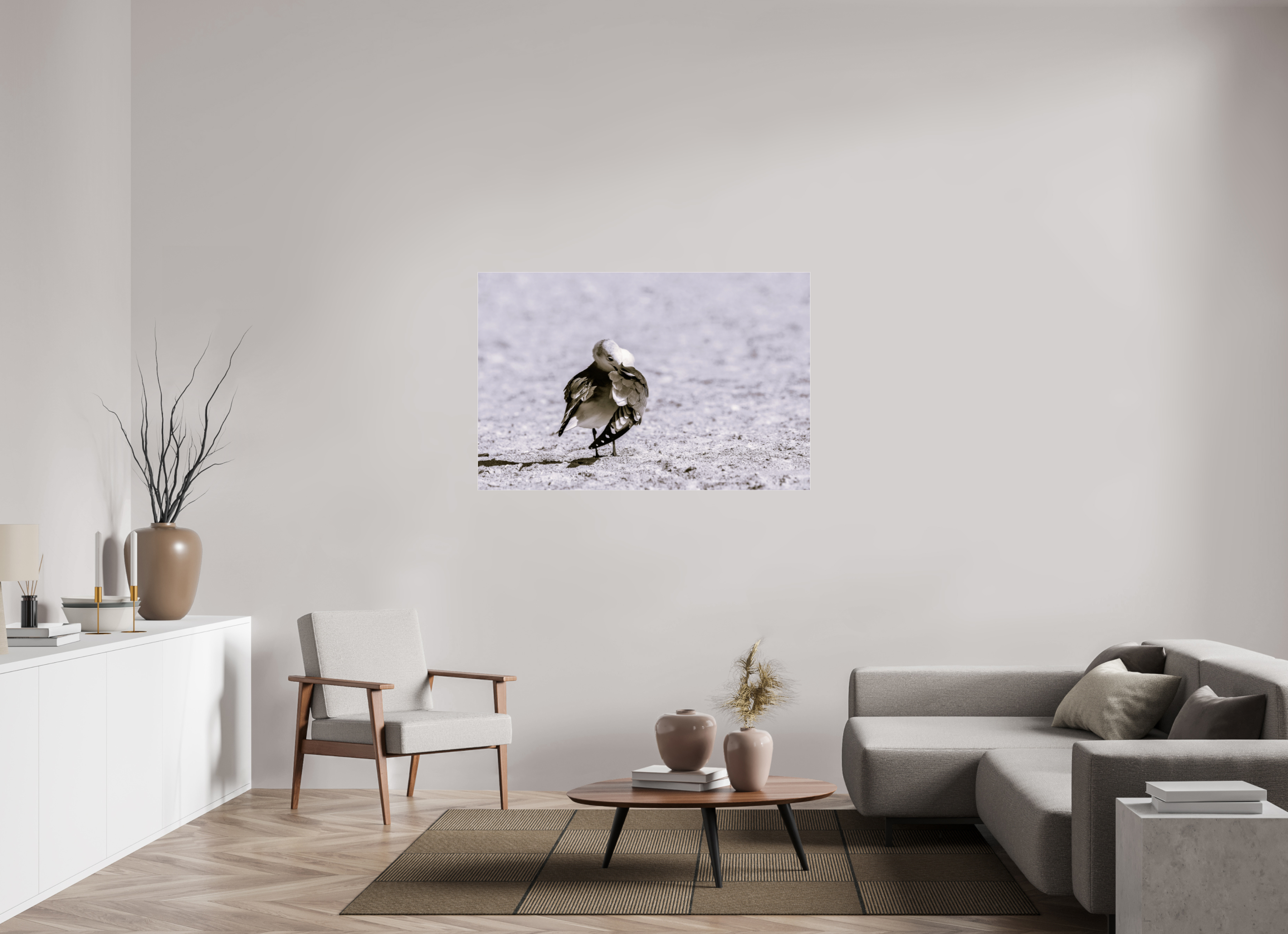 53.3 x 35″, Photo Print Under Acrylic Glass A Monochrome Gull Preening