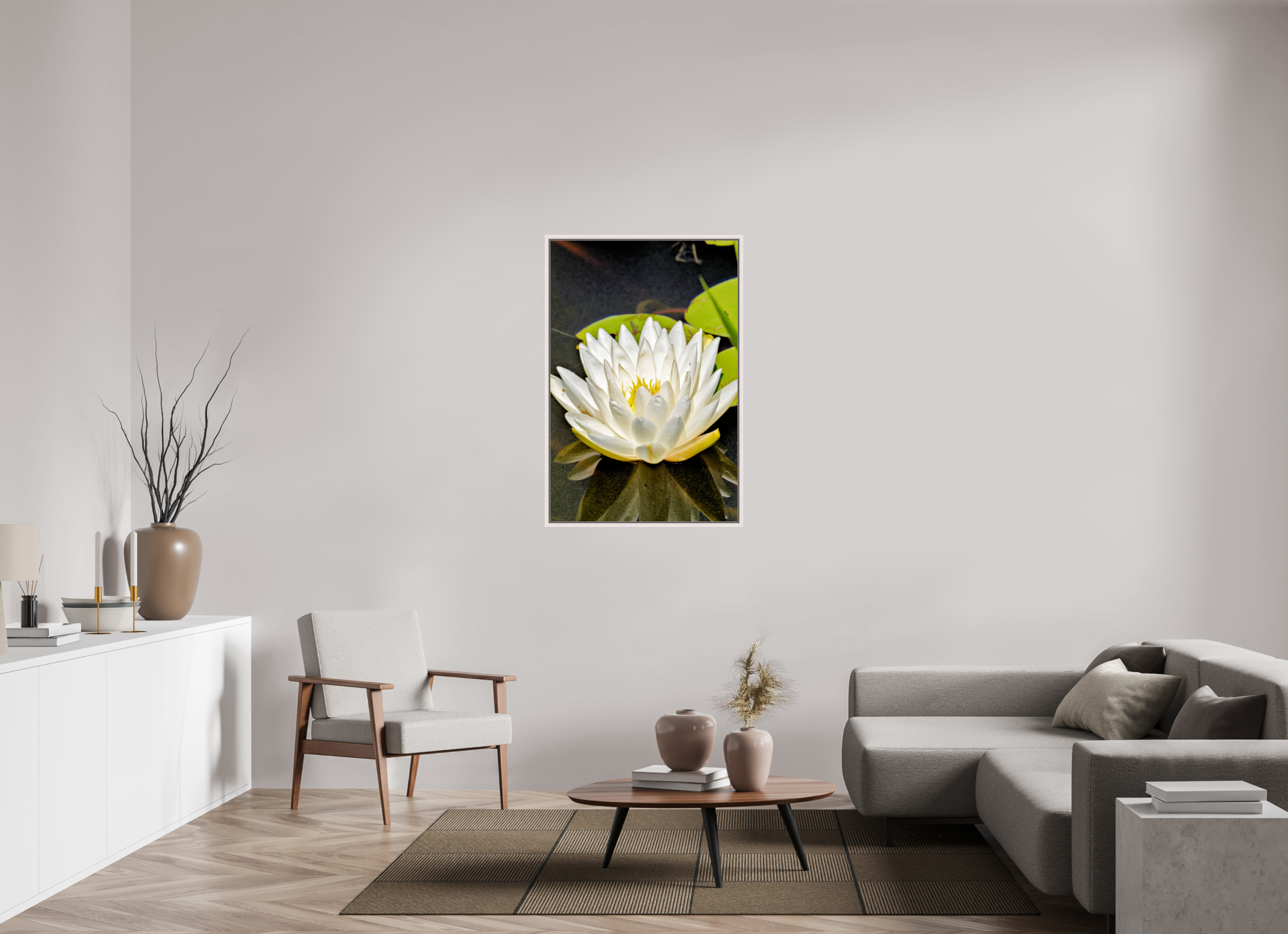 30 x 45″, Floater Frame, Basel 0.6", Maple White, Glossy Acrylic Glass The White Water Lily