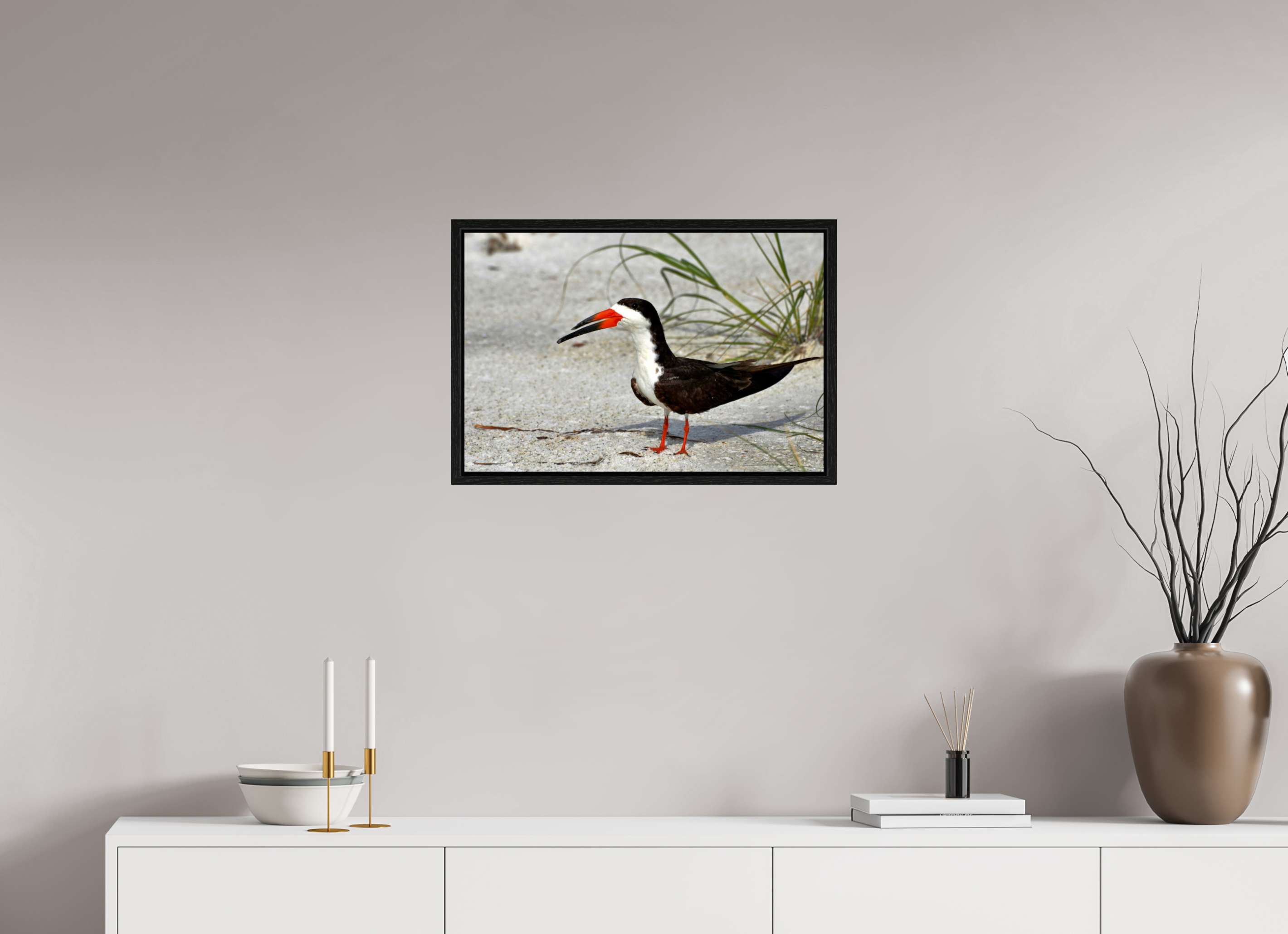 24 x 16″, Floater Frame, Basel 0.6", Black Oak, Glossy Acrylic Glass Sand & Black Skimmer