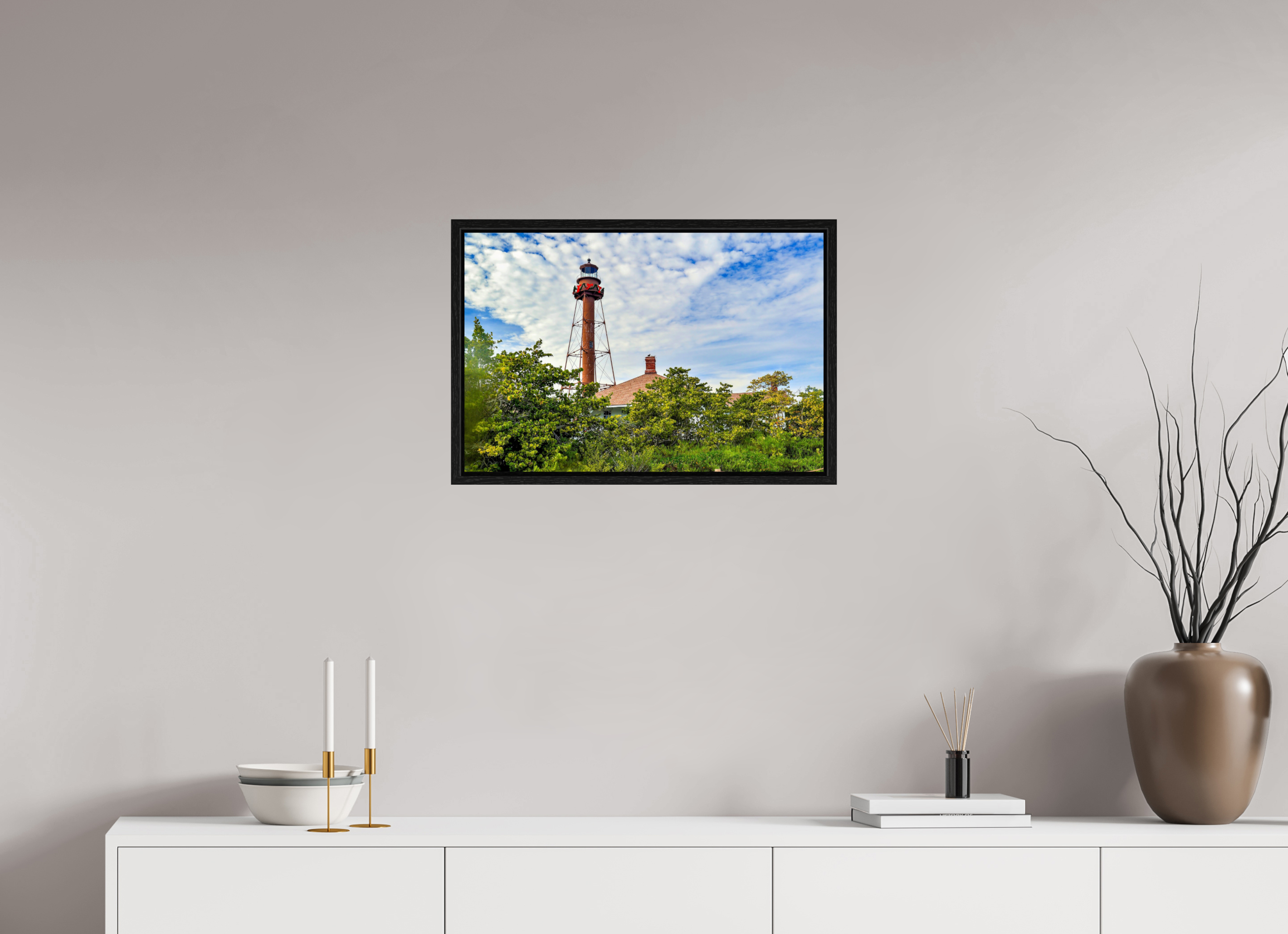 24 x 16″, Floater Frame Sanibel Island Lighthouse – Holiday Edition