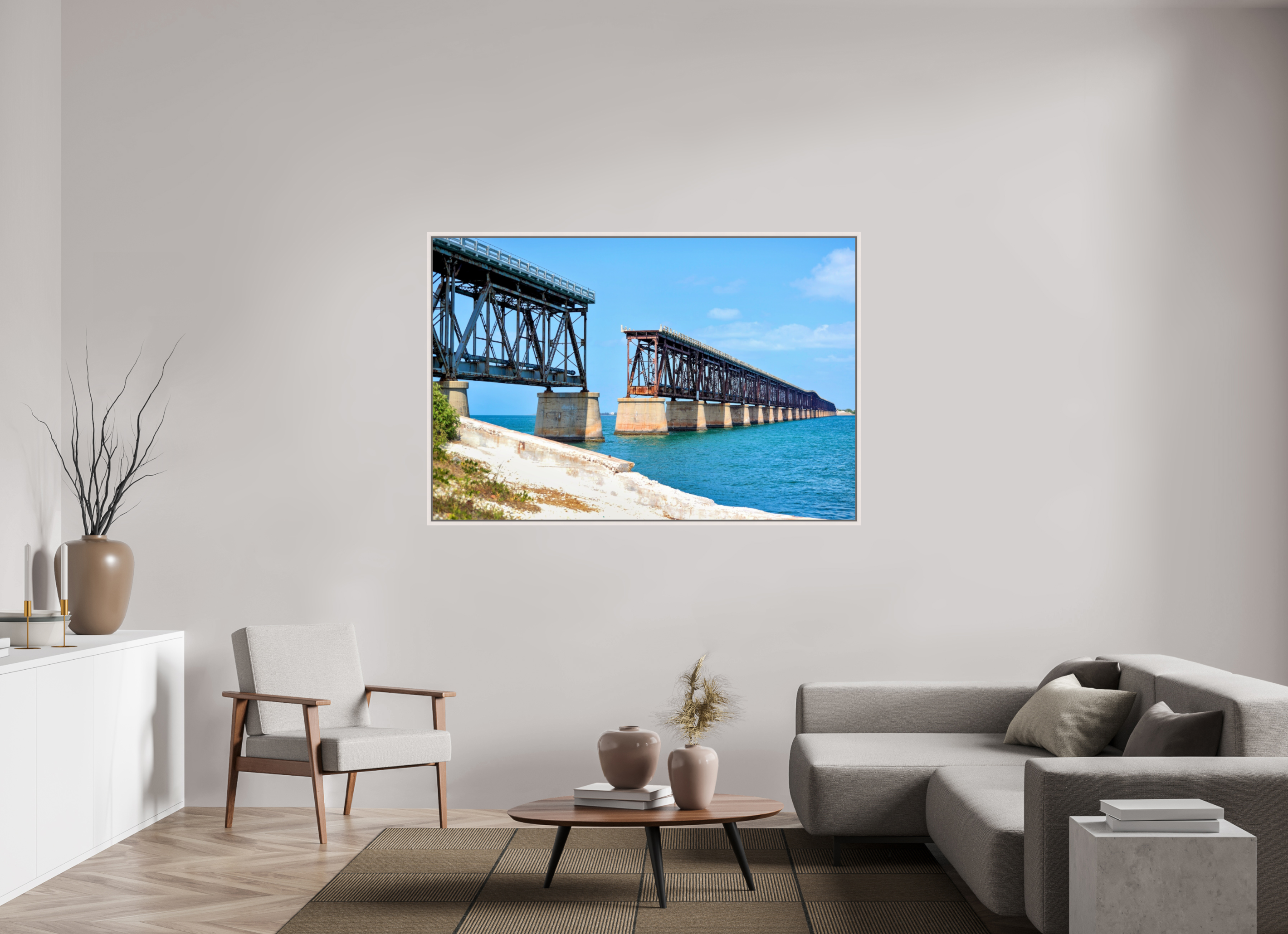 66 x 44″, Floater Frame, Basel 0.6", Maple White, Glossy Acrylic Glass Old Bahia Honda Bridge