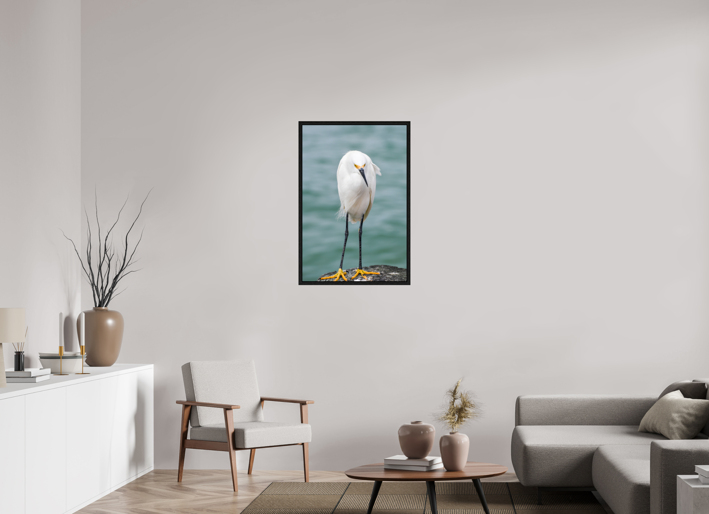 24 x 36″, Floater Frame, Basel 0.6", Black Oak, Glossy Acrylic Glass The Patient Hunter