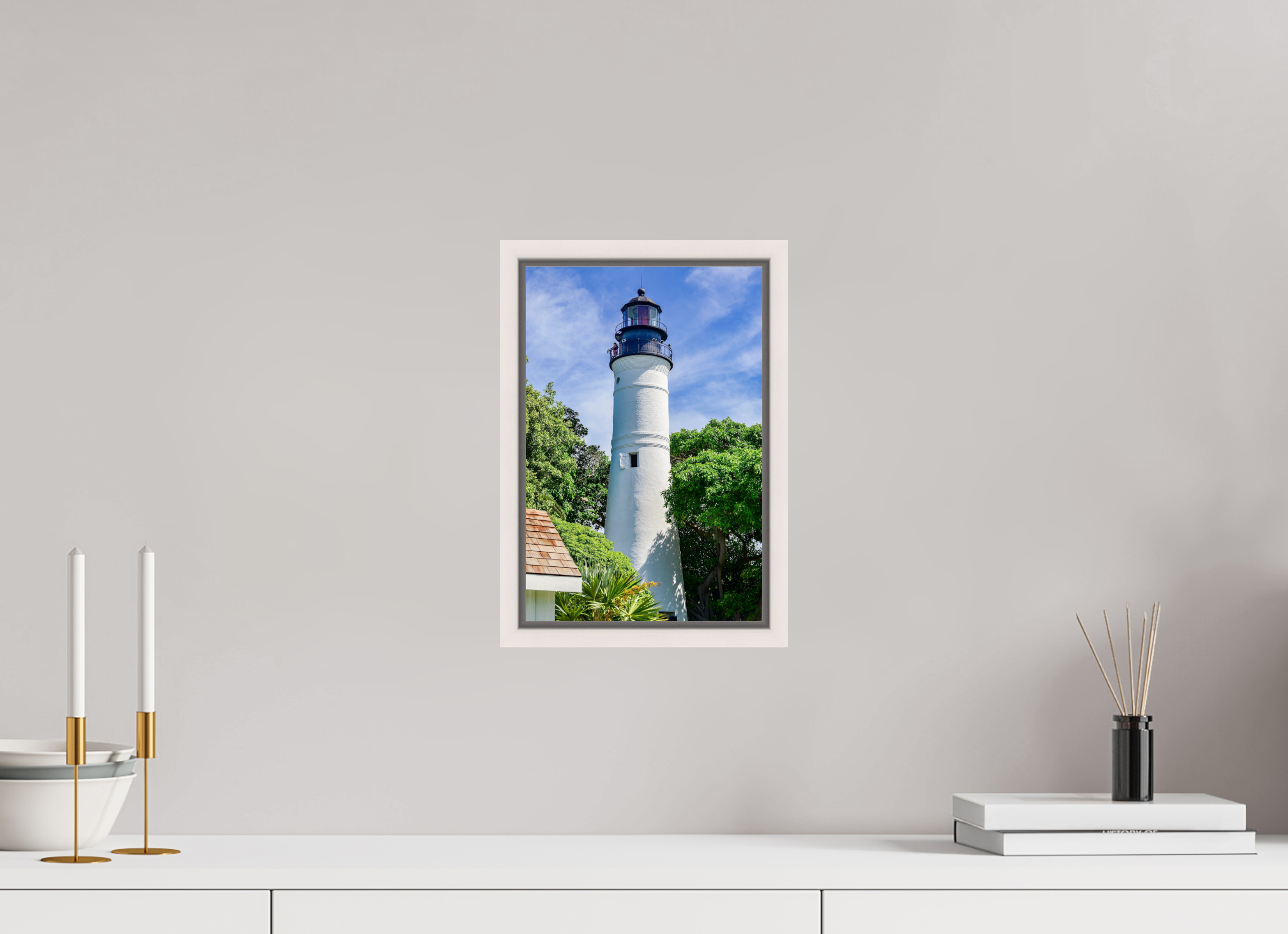 8 x 12″, Floater Frame, Basel 0.6", Maple White, Glossy Acrylic Glass The Historic Key West Lighthouse