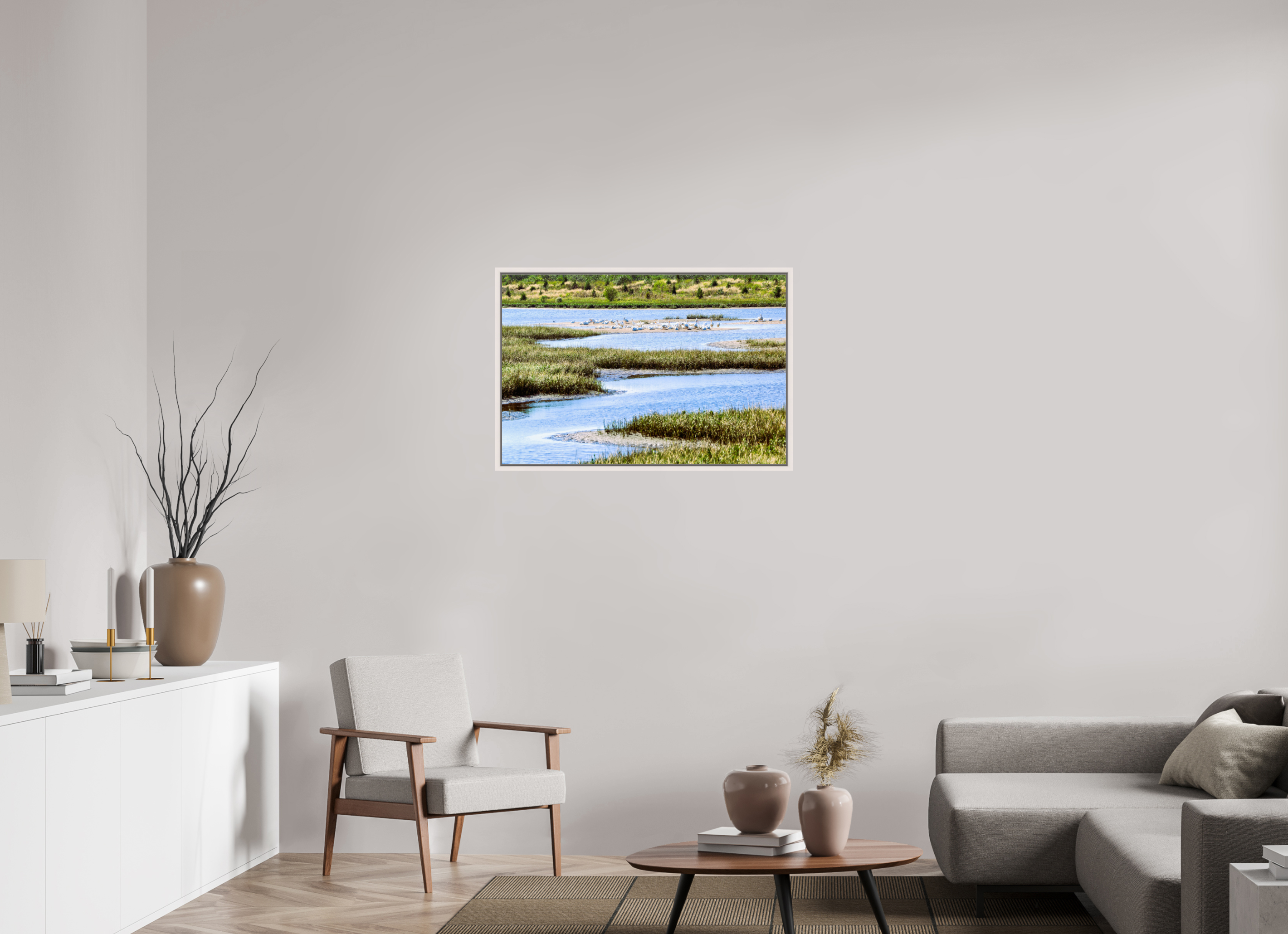 36 x 24″, Floater Frame, Basel 0.6", Maple White, Glossy Acrylic Glass Marshland Sanctuary