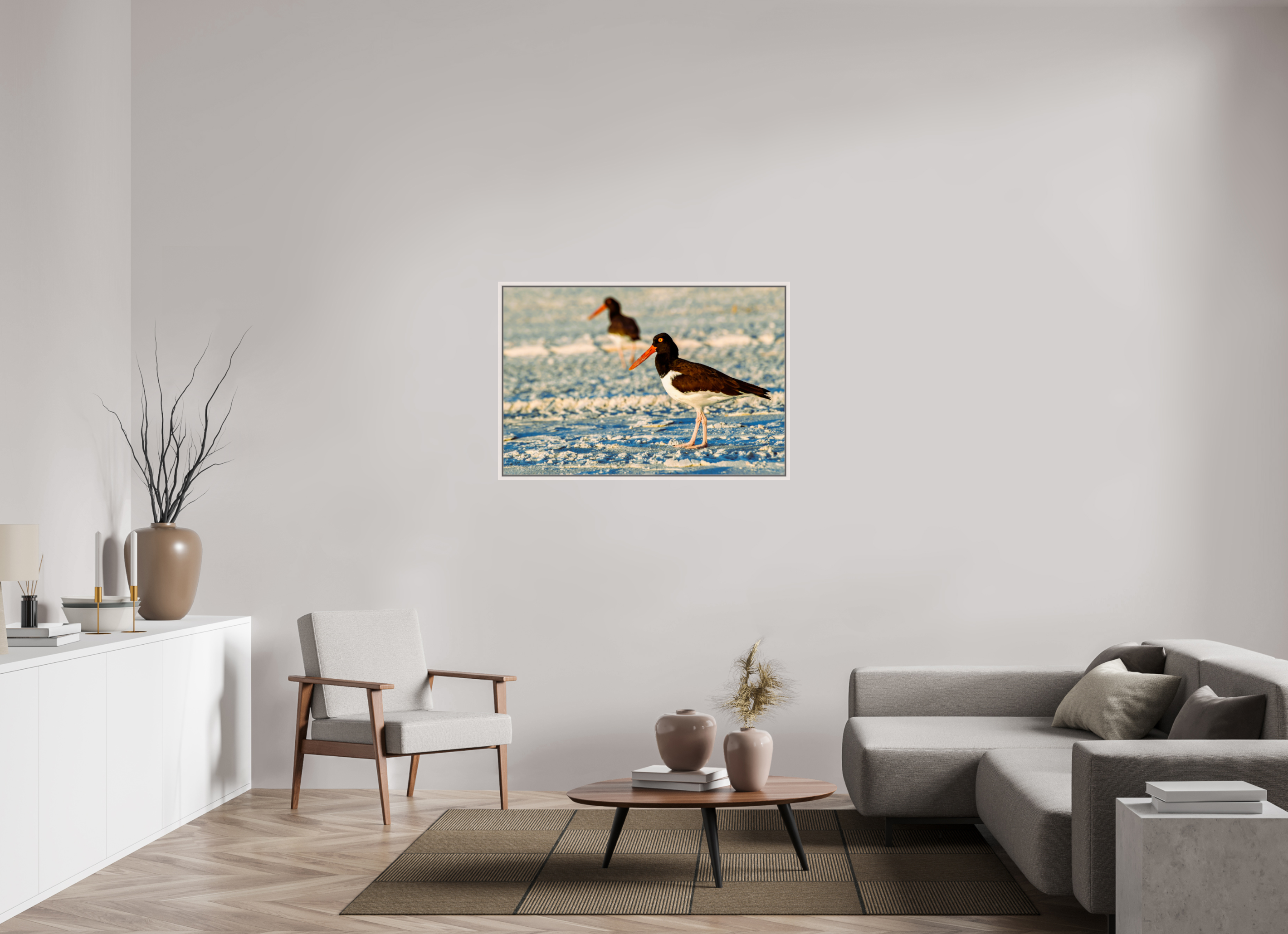 45 x 30″, Floater Frame, Basel 0.6", Maple White, Glossy Acrylic Glass Oystercatcher Stroll