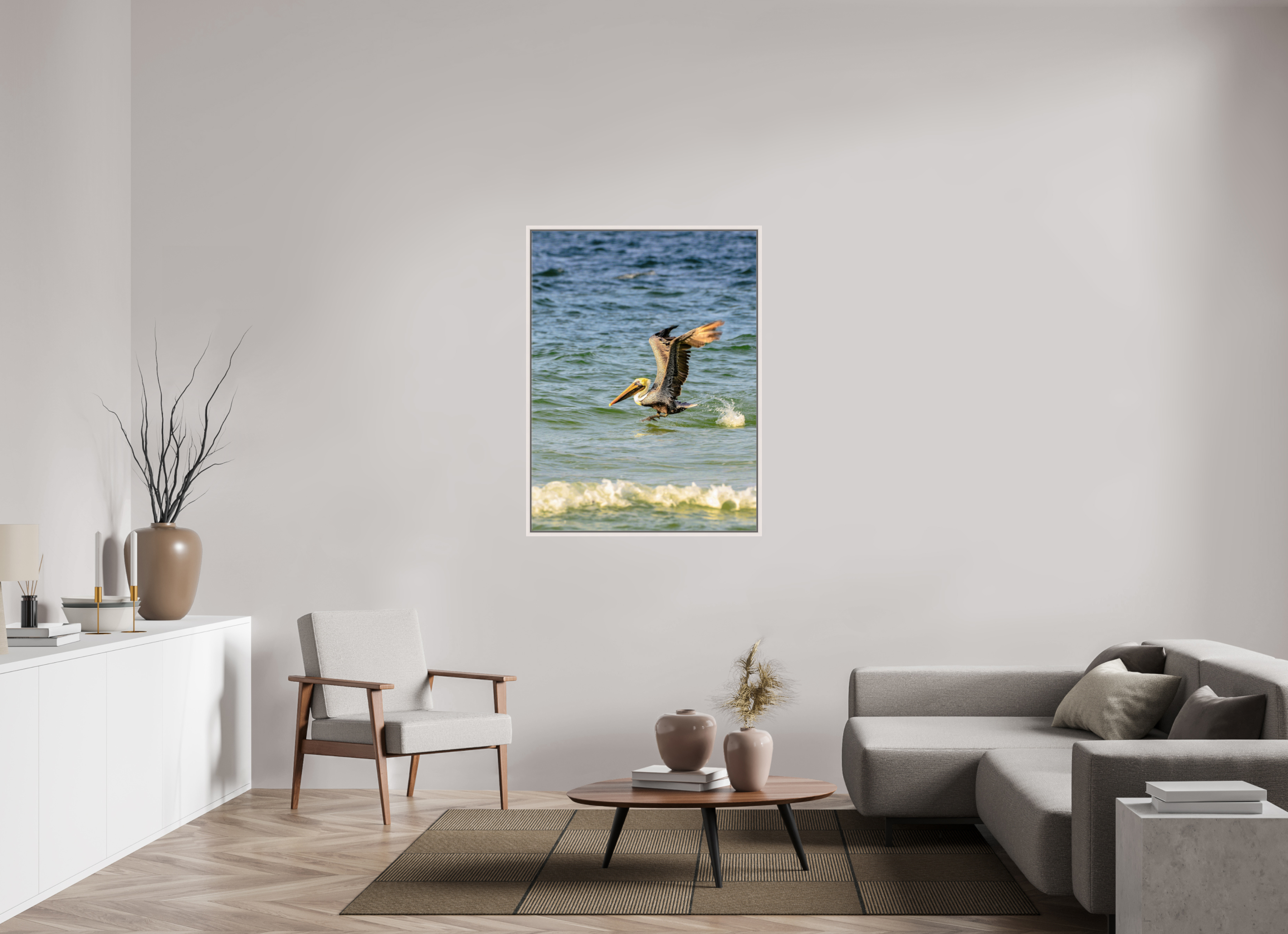 36 x 48″, Floater Frame, Basel 0.6", Maple White, Glossy Acrylic Glass Pelican in Flight