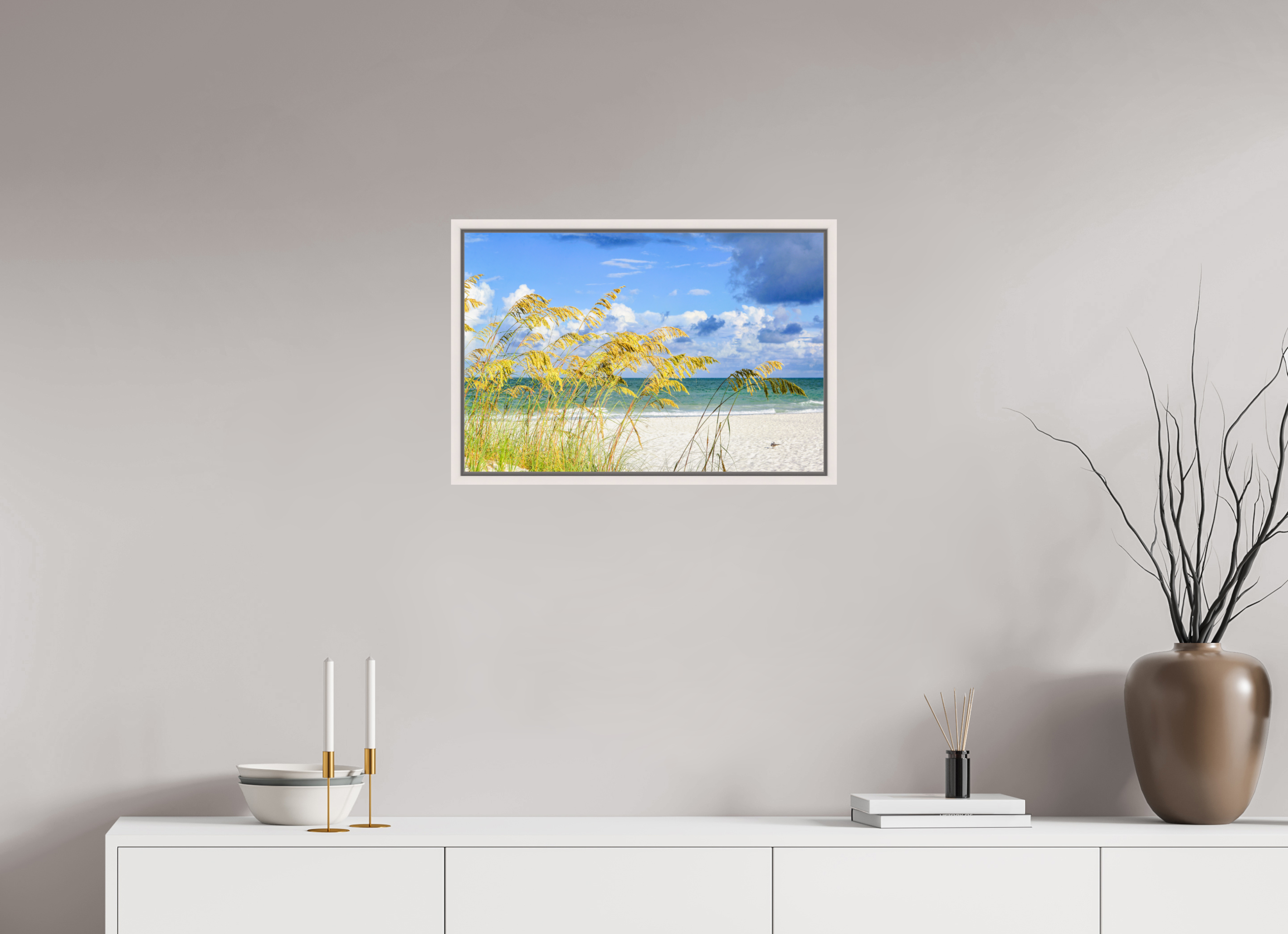 24 x 16″, Floater Frame, Basel 0.6", Maple White, Glossy Acrylic Glass Golden Sea Oats
