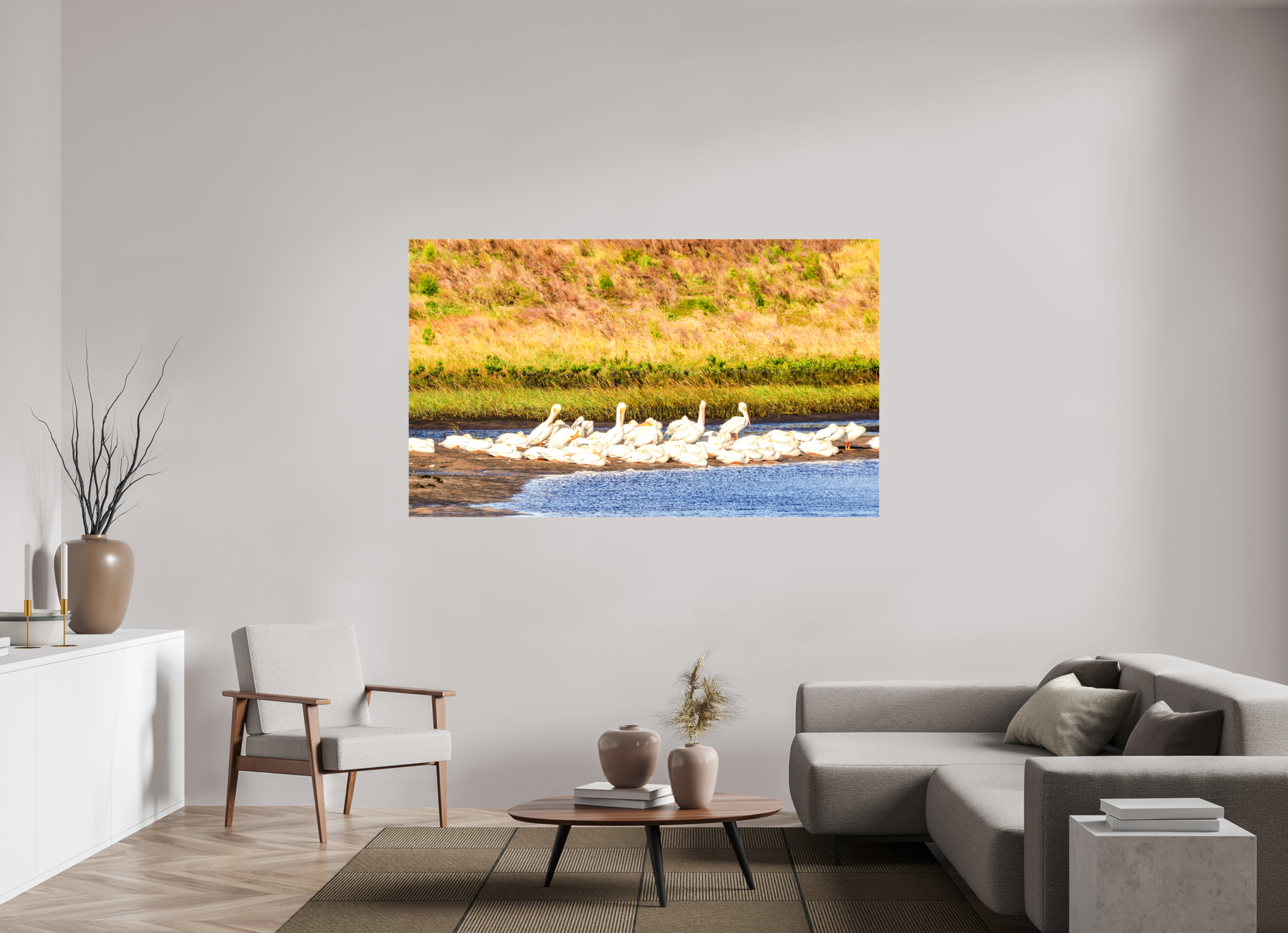 72.9 x 43″, Glossy Canvas on Stretcher Frame, 1,57" Wrapped White Pelicans Golden Hour Gathering