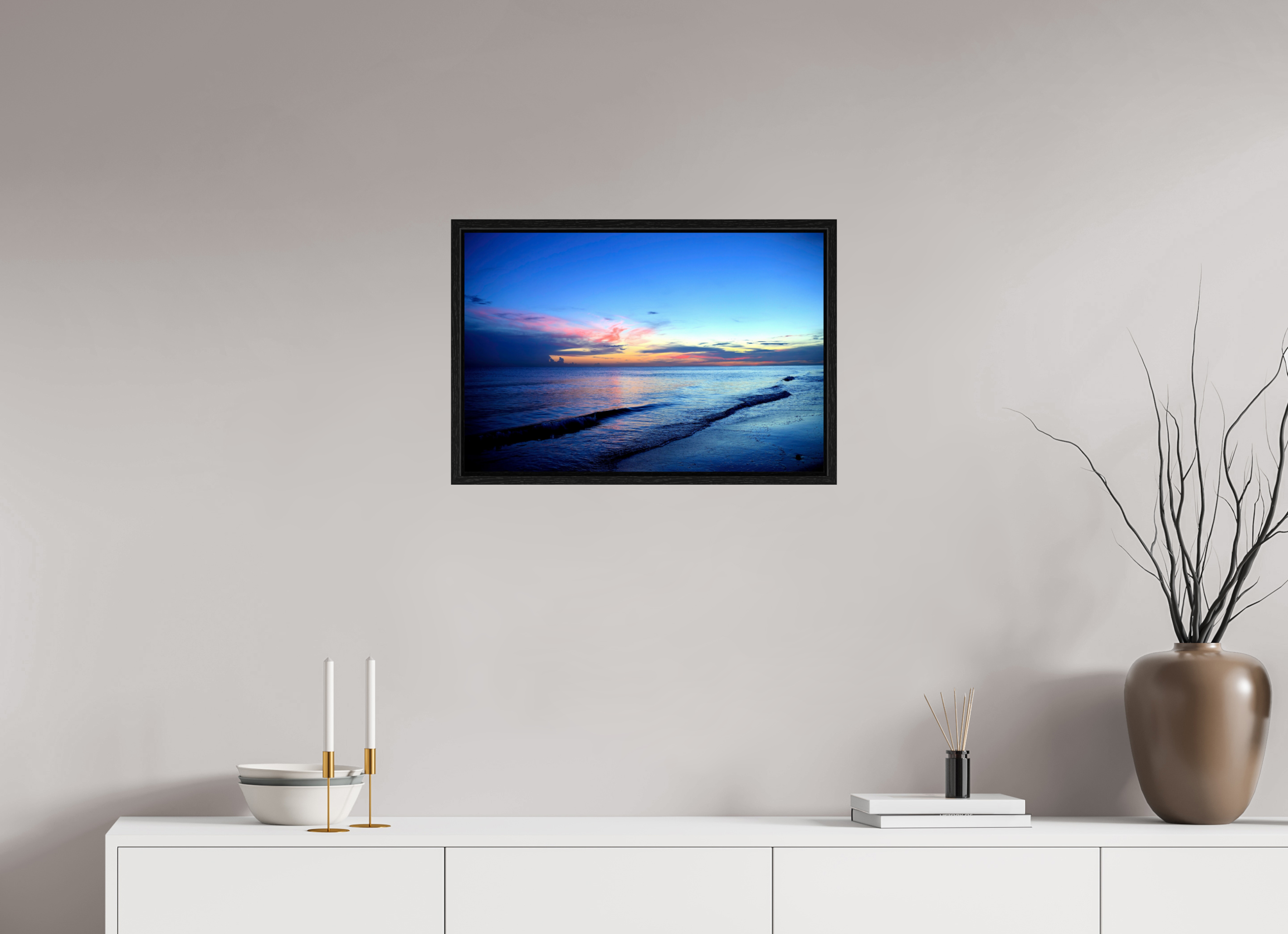 24 x 16″, Floater Frame, Basel 0.6", Black Oak, Glossy Acrylic Glass Indigo Horizon