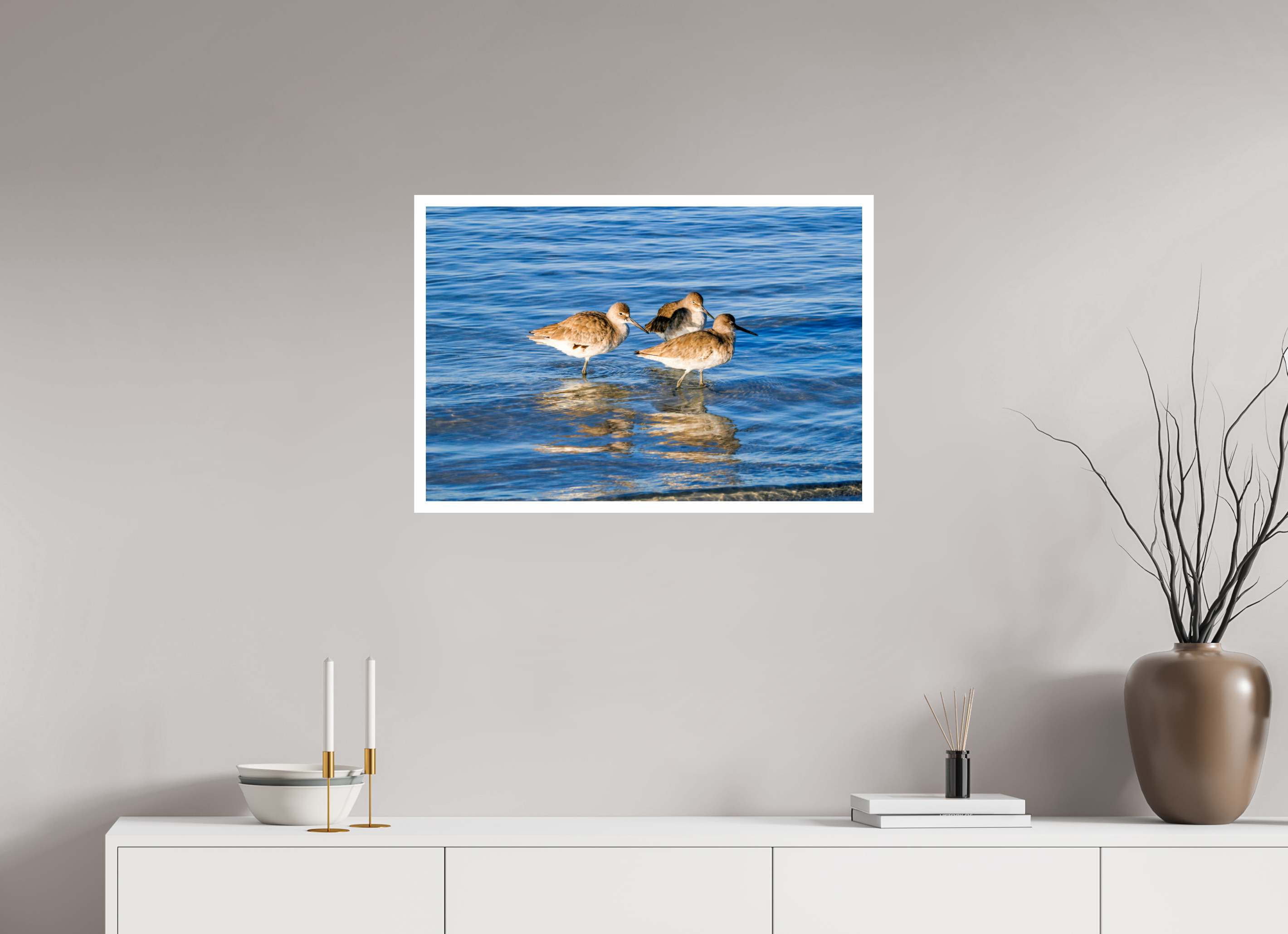 29.6 x 20″, Hahnemühle FineArt Pearl Print, .79" white border The Shoreline Trio: Willets in the Surf