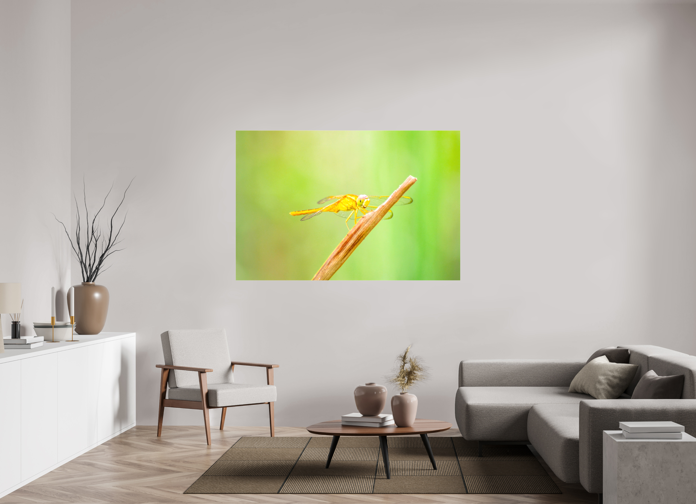 66 x 44″, Glossy Canvas on Stretcher Frame, 1,57" Wrapped Sun-Drenched Golden Scarlet Skimmer