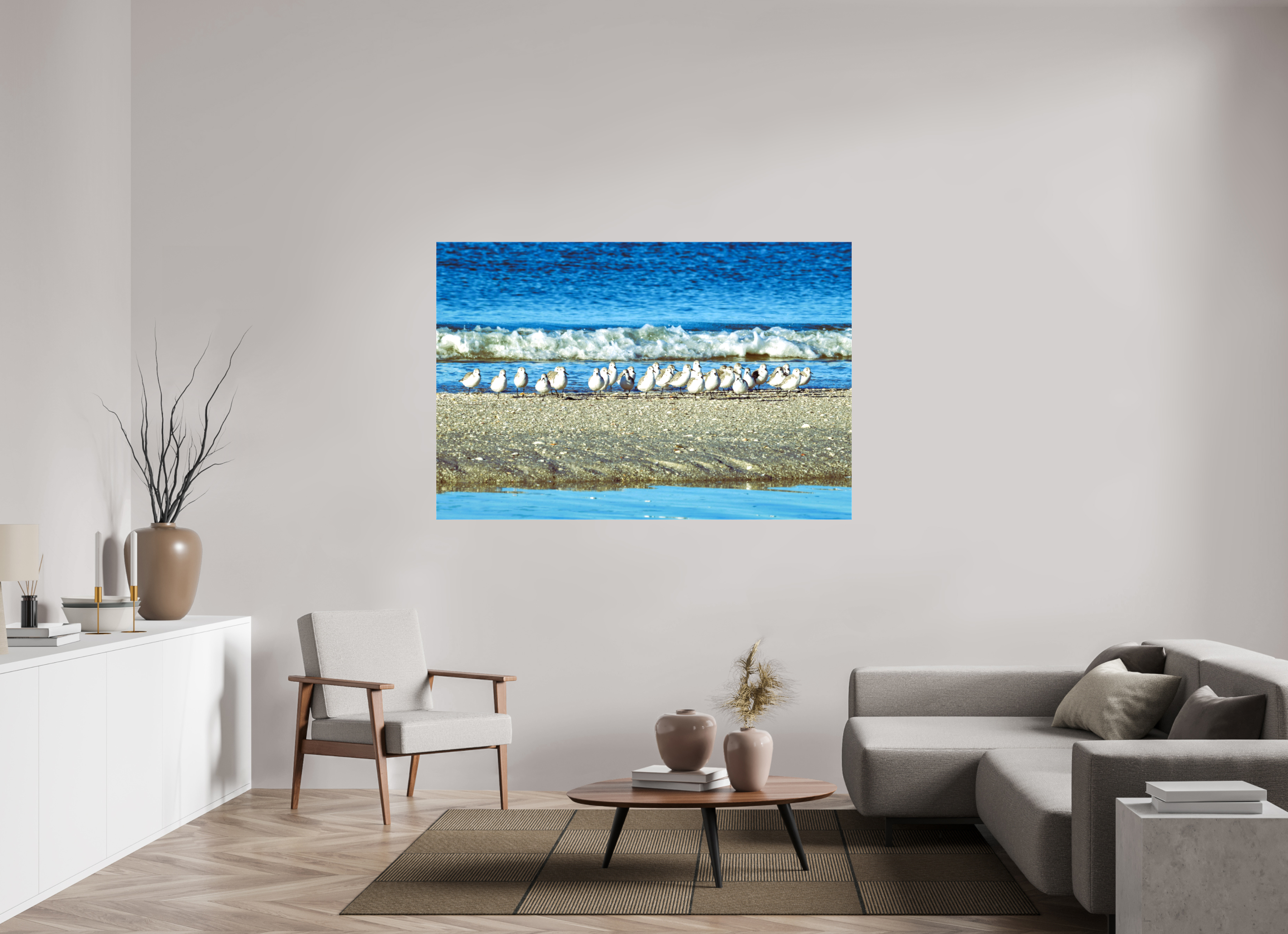 66 x 44″, Glossy Canvas on Stretcher Frame, 1,57" Wrapped Sanderlings on Standby