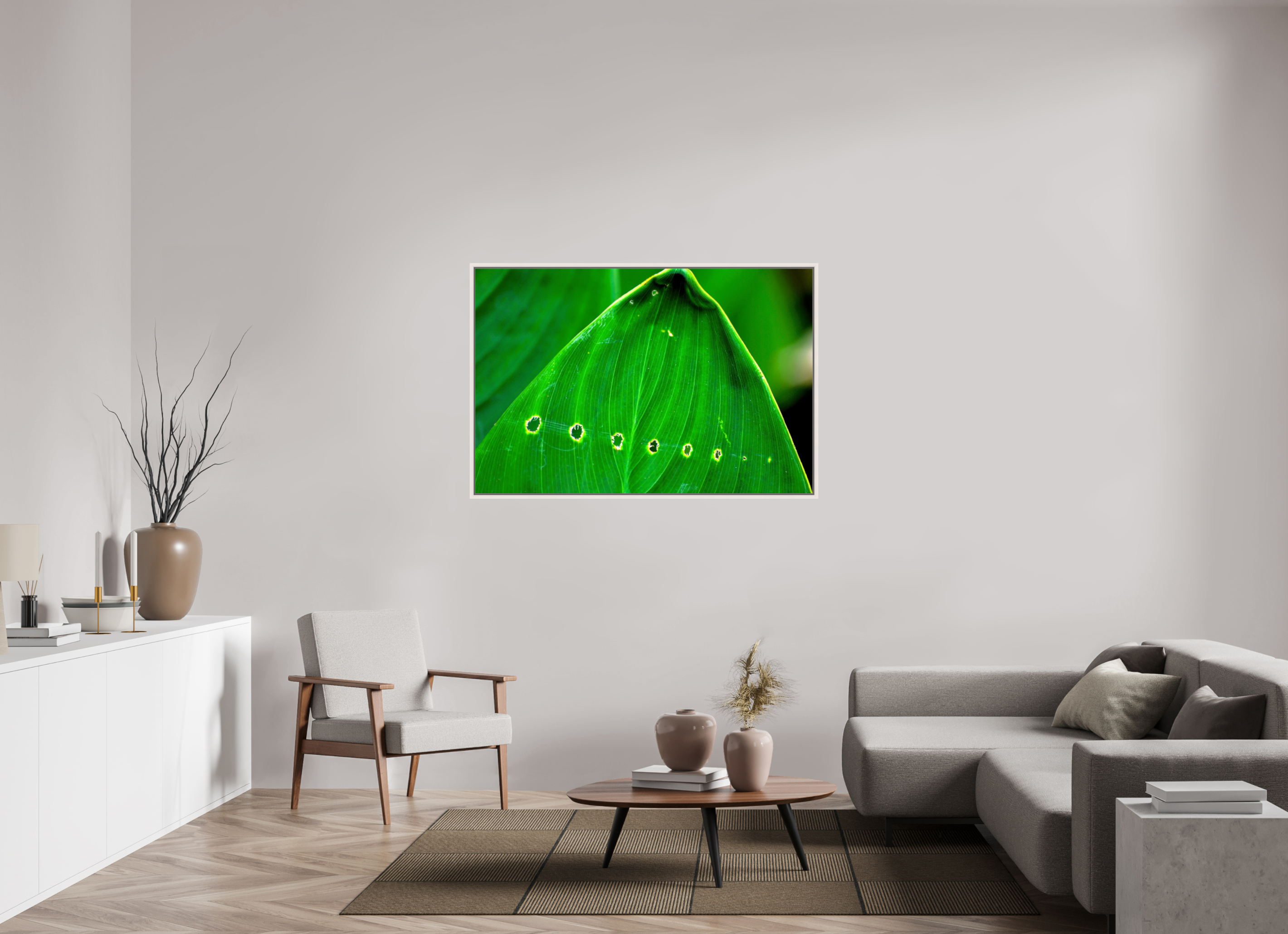 54 x 36″, Floater Frame, Basel 0.6", Maple White, Glossy Acrylic Glass Linear Progression in Green