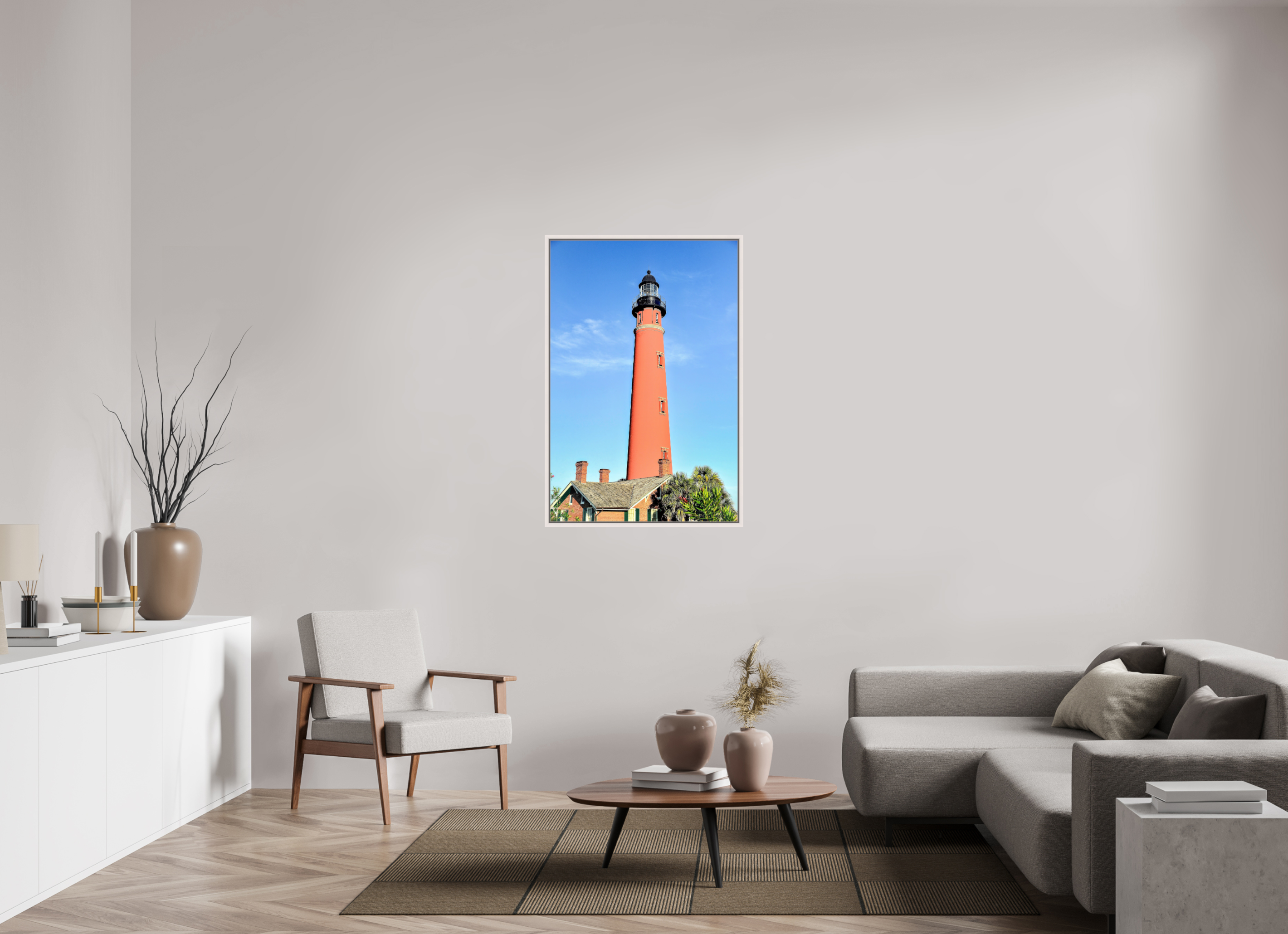 30 x 45″, Floater Frame, Basel 0.6", Maple White, Glossy Acrylic Glass Historic Red Brick Ponce de Leon Lighthouse
