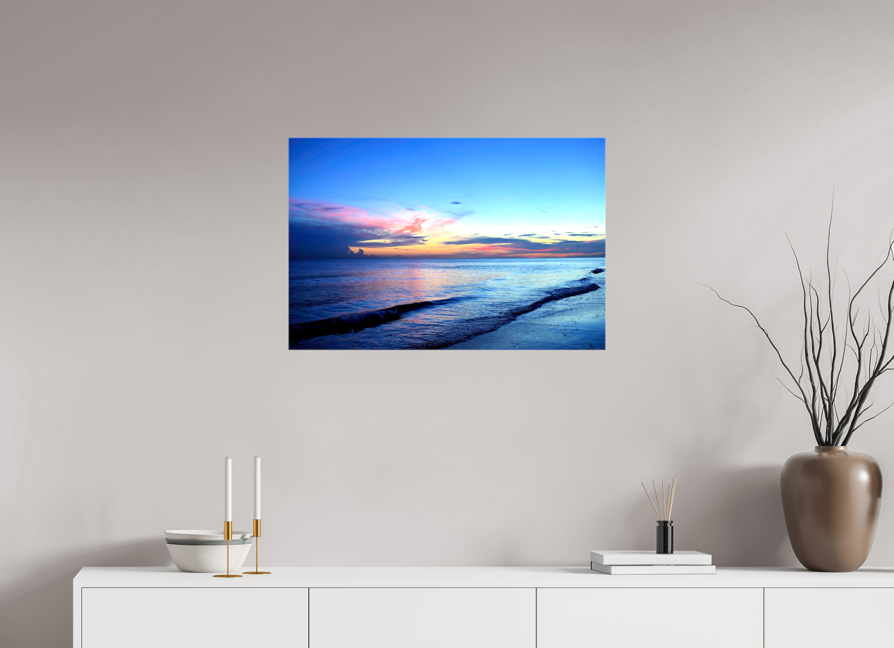 30 x 20″, Glossy Canvas on Stretcher Frame, 1,57" Wrapped Indigo Horizon