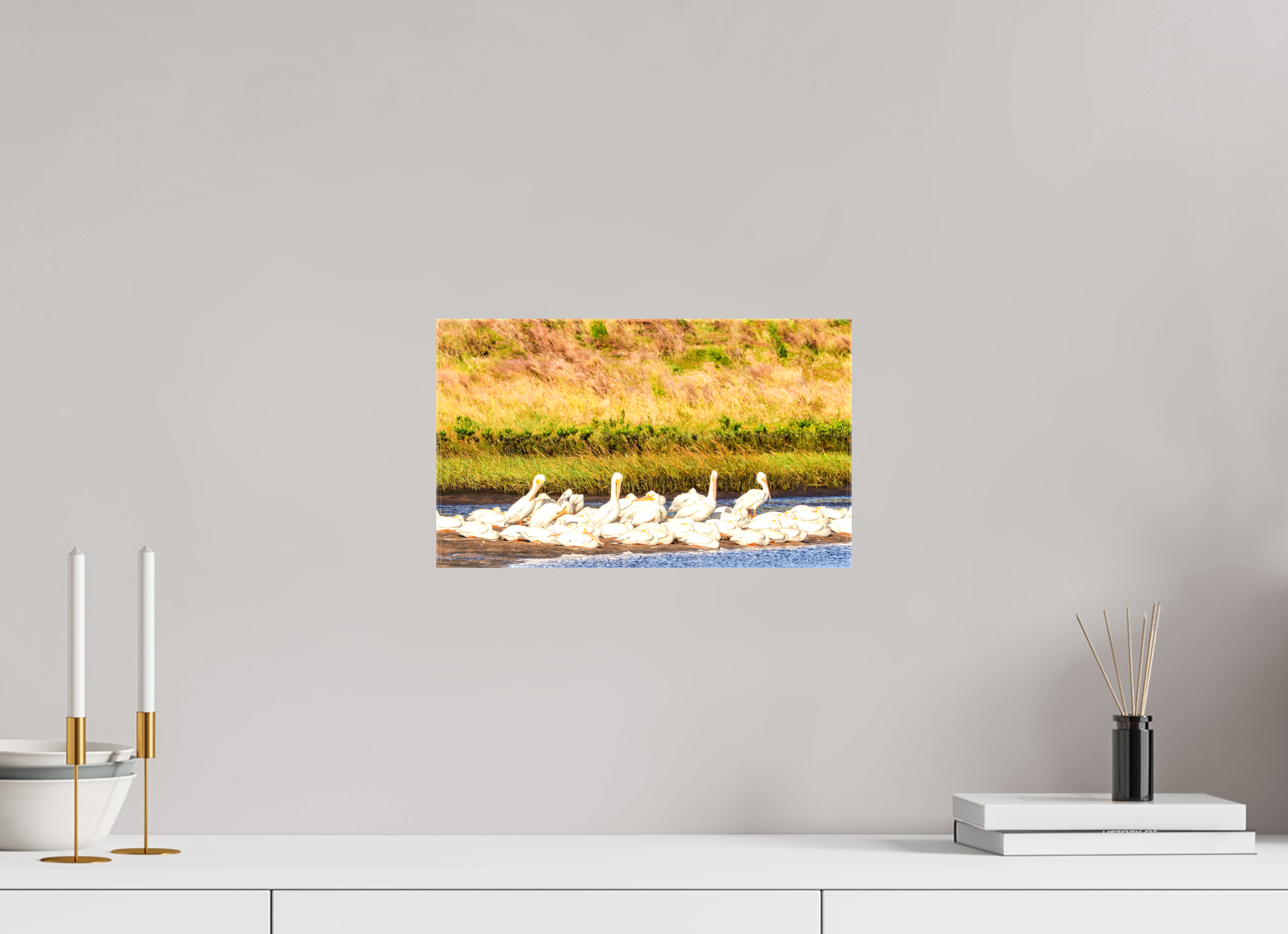 13.5 x 8″, Glossy Canvas on Stretcher Frame, 1,57" Wrapped White Pelicans Golden Hour Gathering