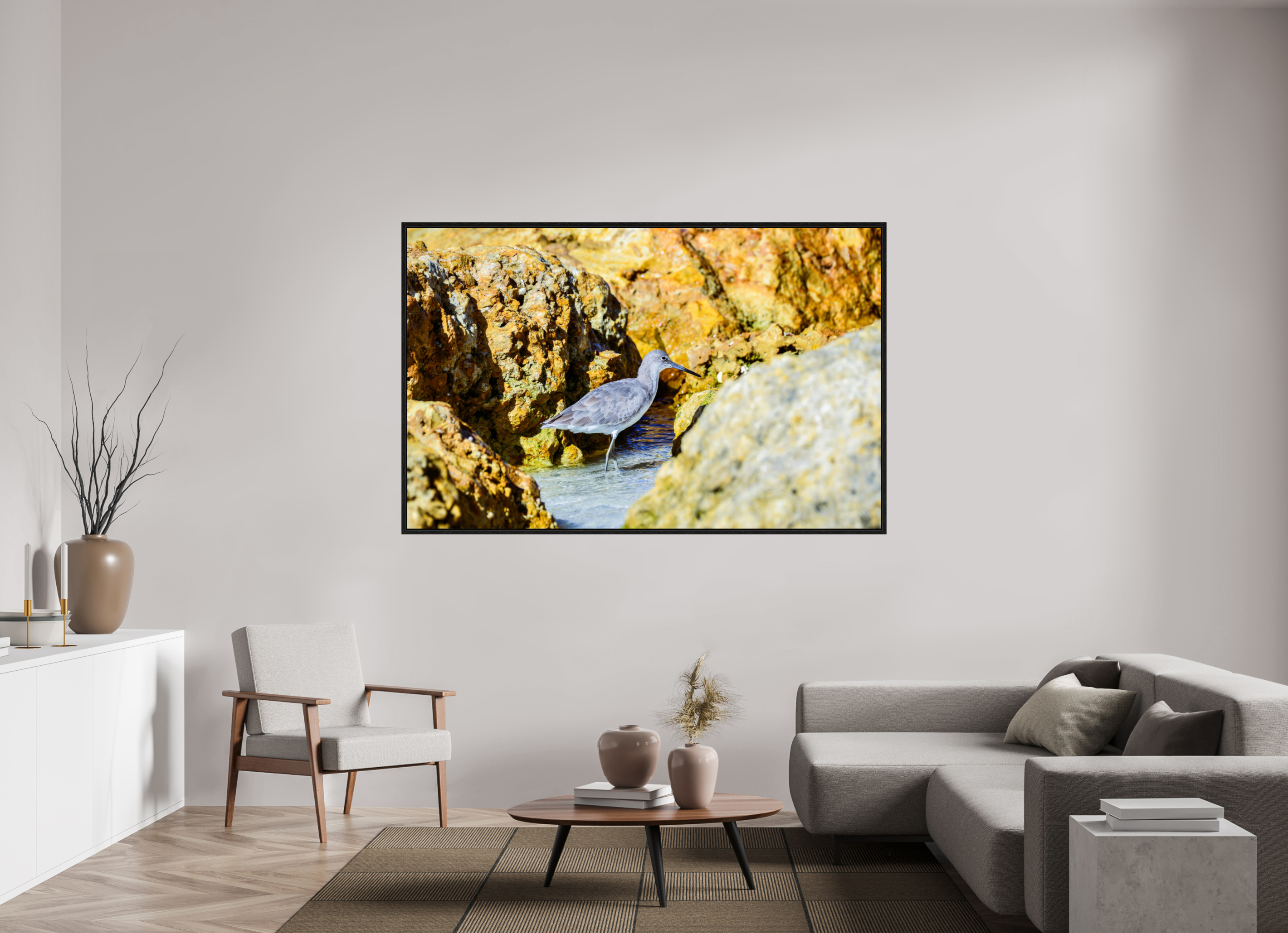 73.9 x 47″, Floater Frame The Hiding Willet