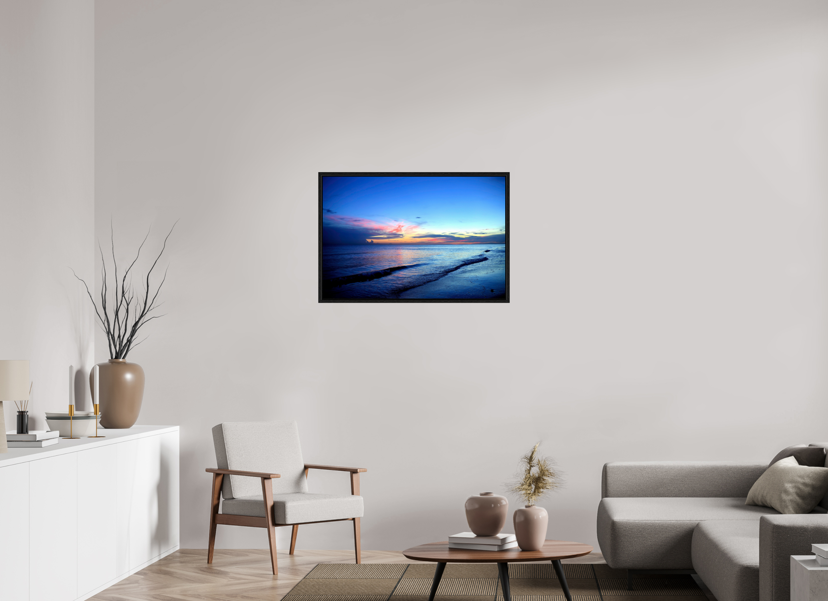 36 x 24″, Floater Frame, Basel 0.6", Black Oak, Glossy Acrylic Glass Indigo Horizon
