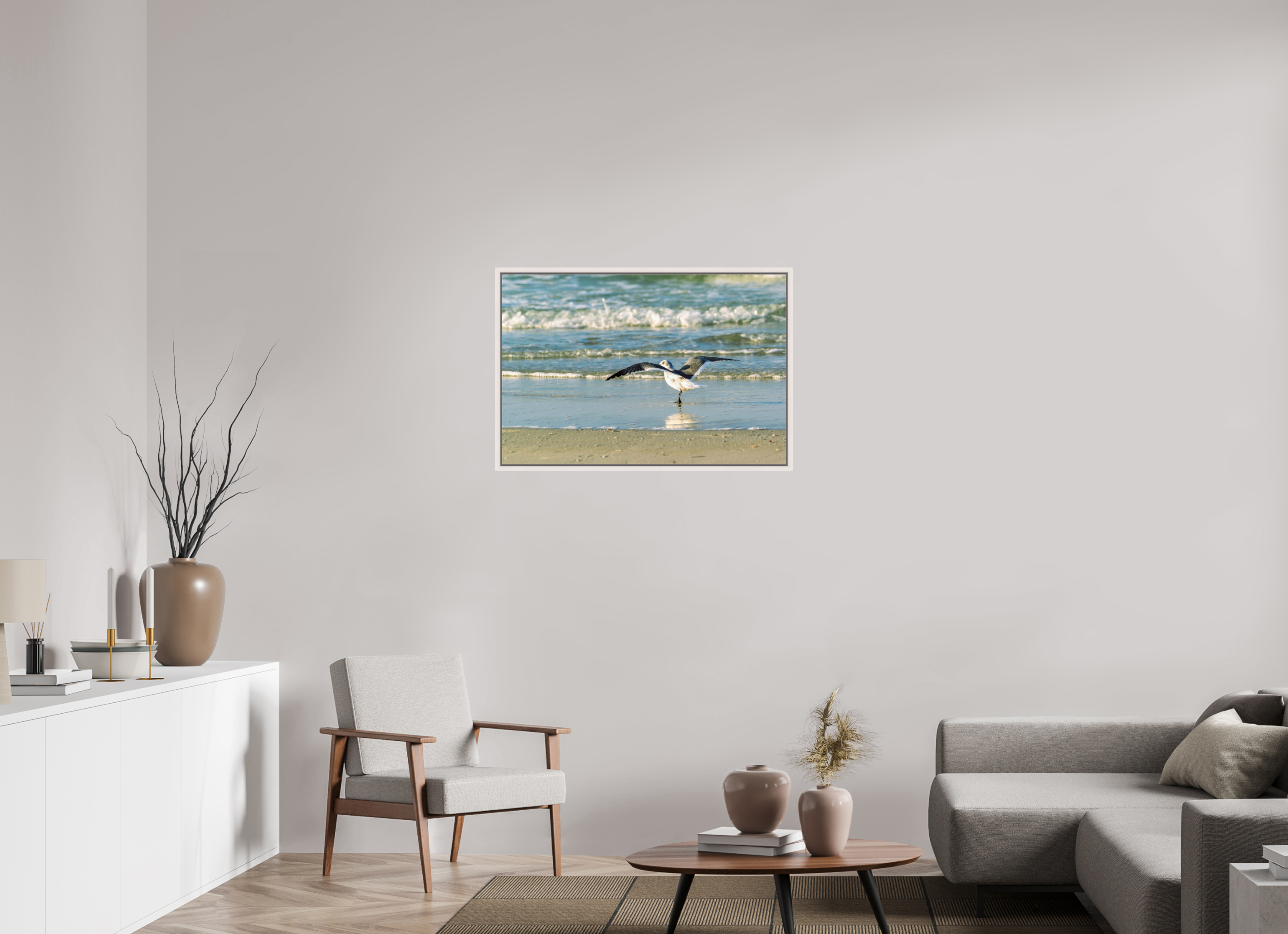 36 x 24″, Floater Frame, Basel 0.6", Maple White, Glossy Acrylic Glass Laughing Gull in Motion