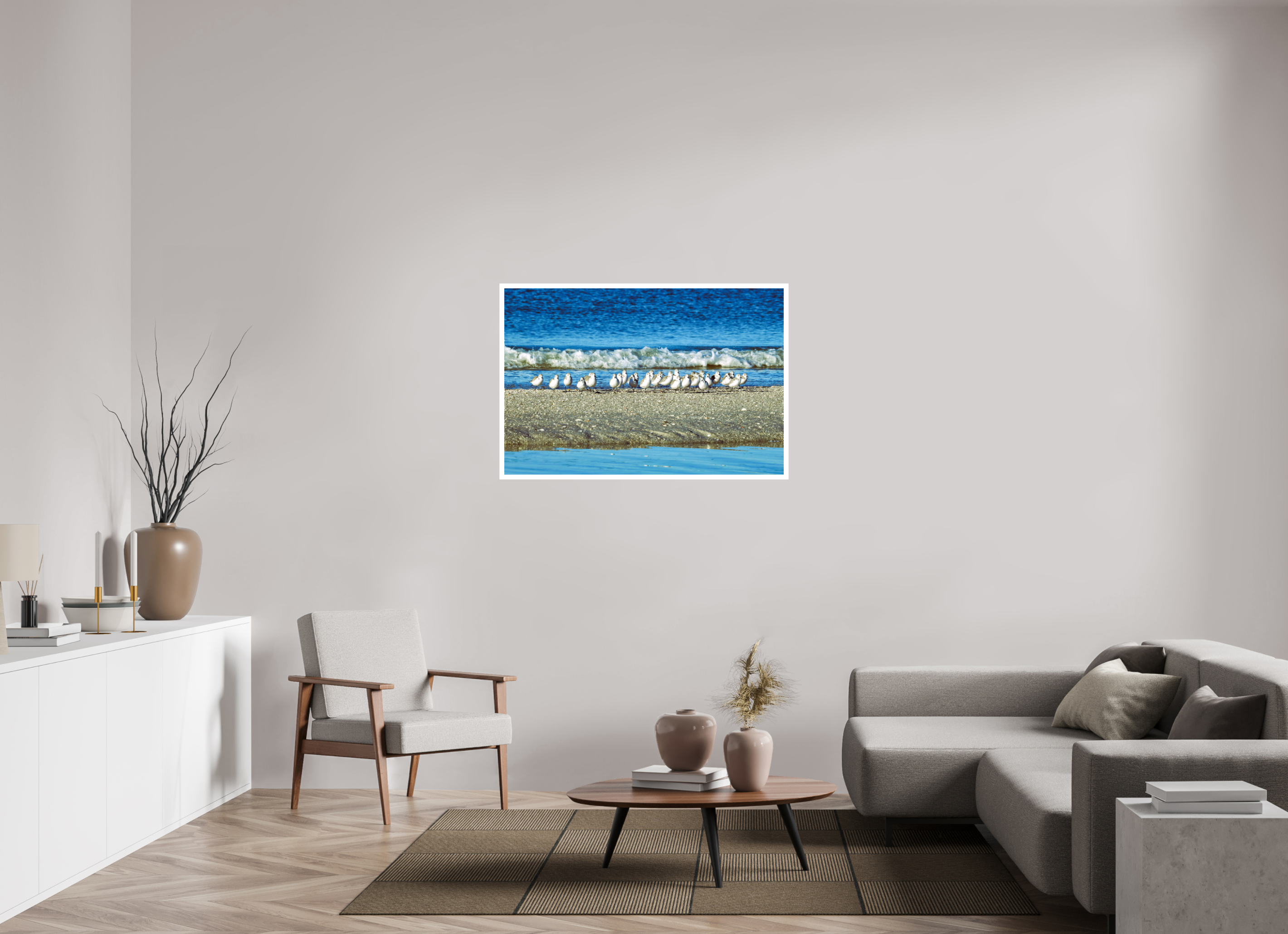 45 x 30″, Hahnemühle FineArt Pearl Print, .79" white border Sanderlings on Standby