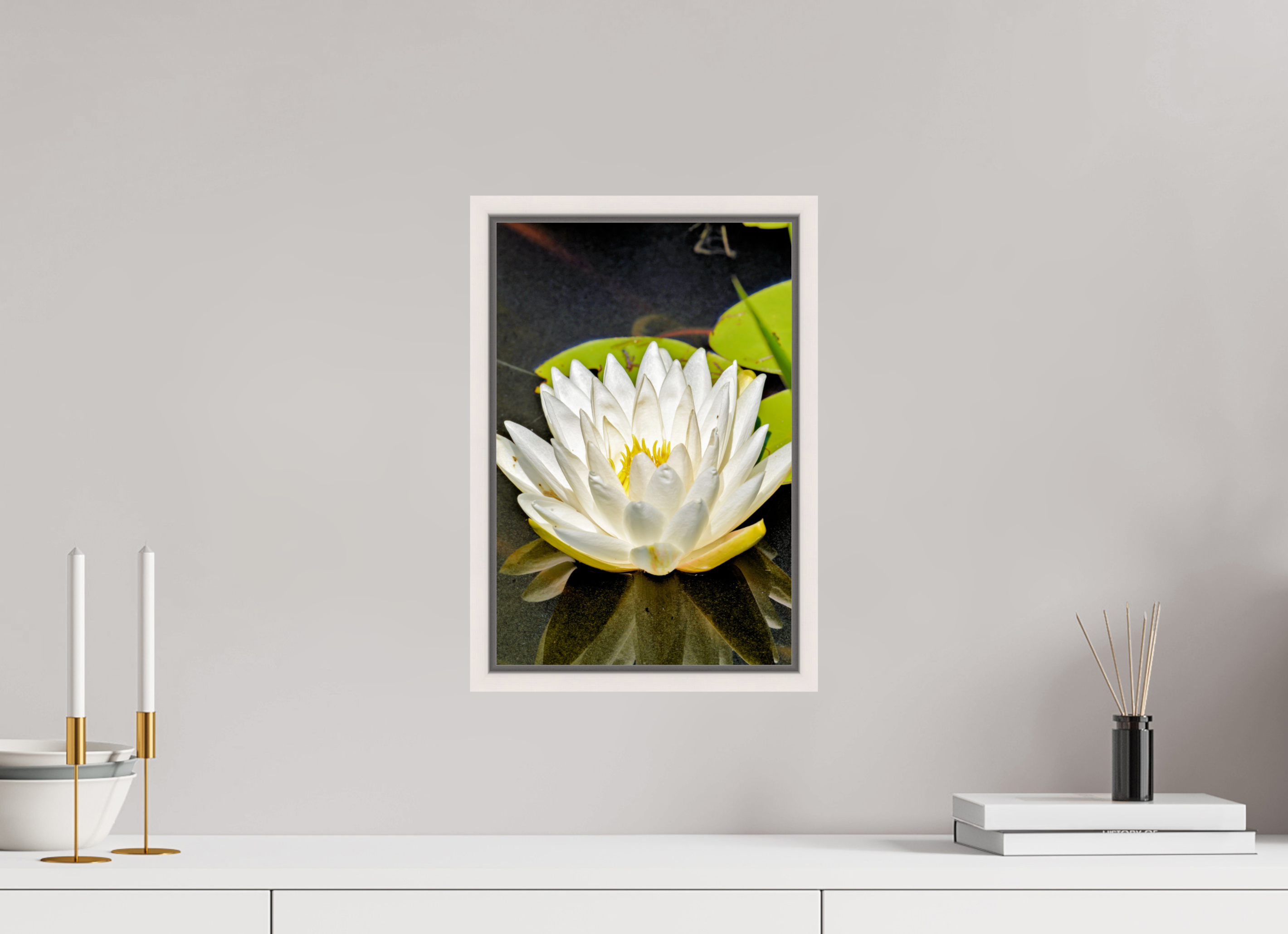 10 x 15″, Floater Frame, Basel 0.6", Maple White, Glossy Acrylic Glass The White Water Lily