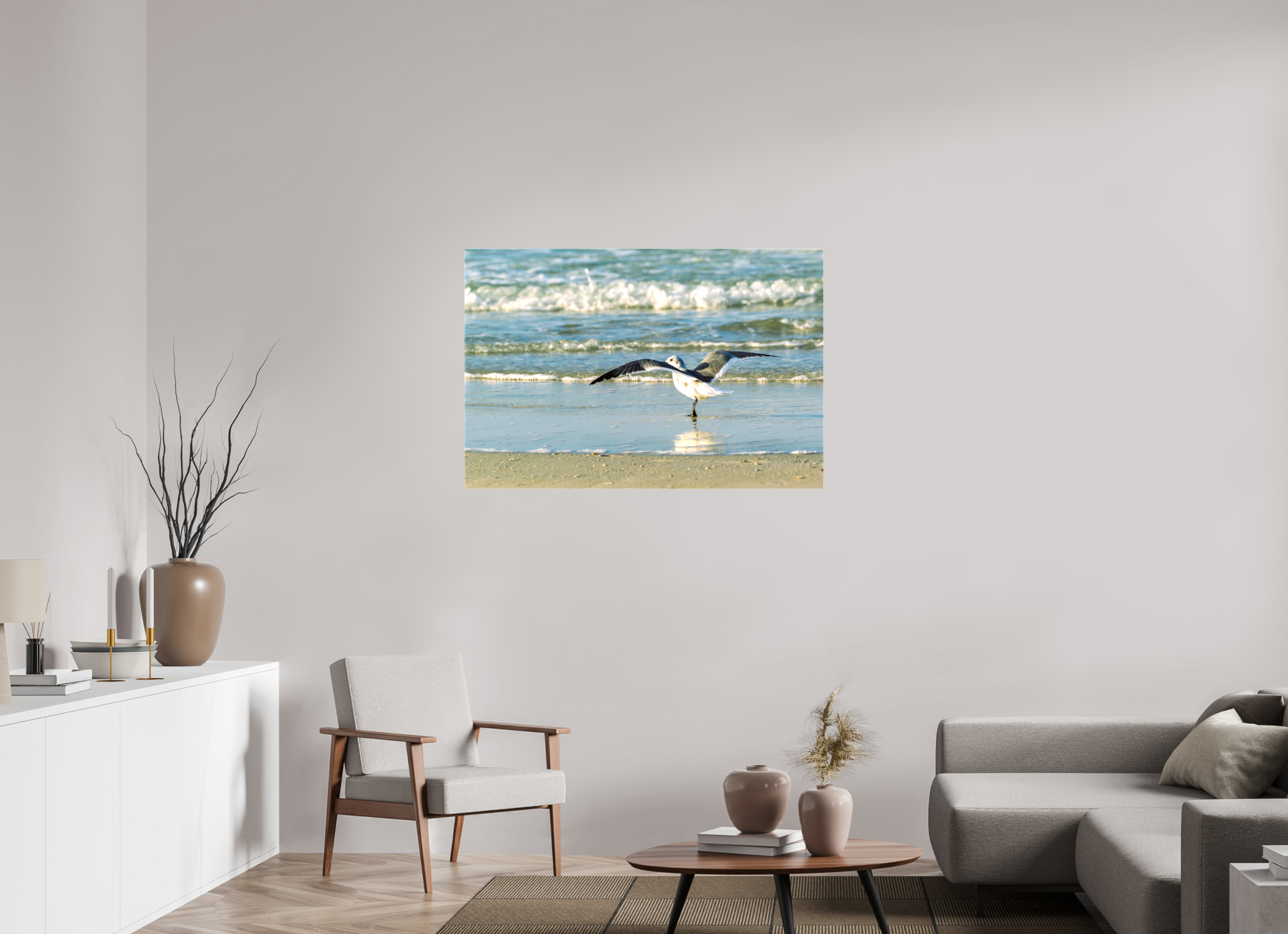 45 x 30″, Glossy Canvas on Stretcher Frame, 1,57" Wrapped Laughing Gull in Motion