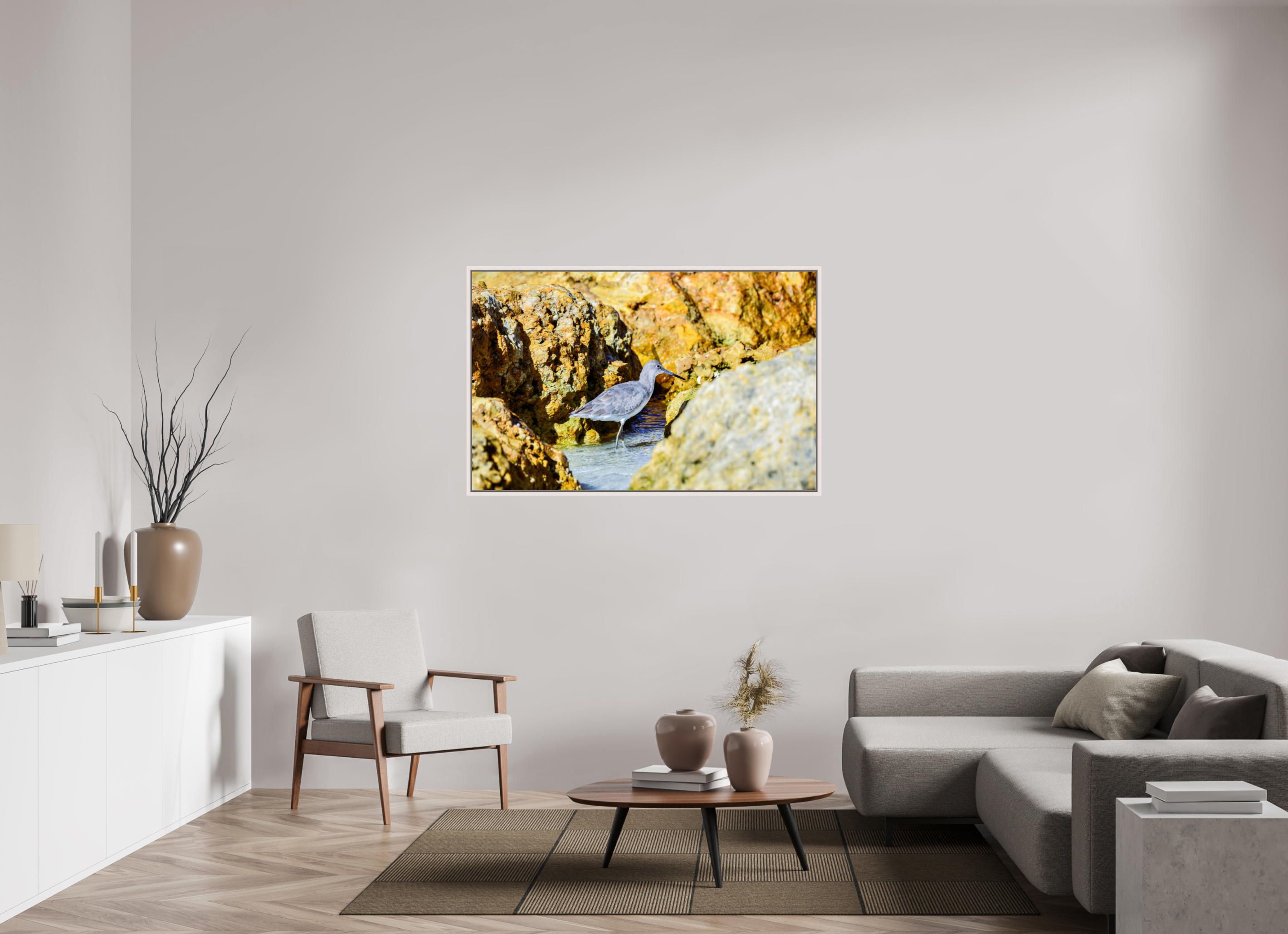 55 x 35″, Floater Frame, Basel 0.6", Maple White, Glossy Acrylic Glass The Hiding Willet