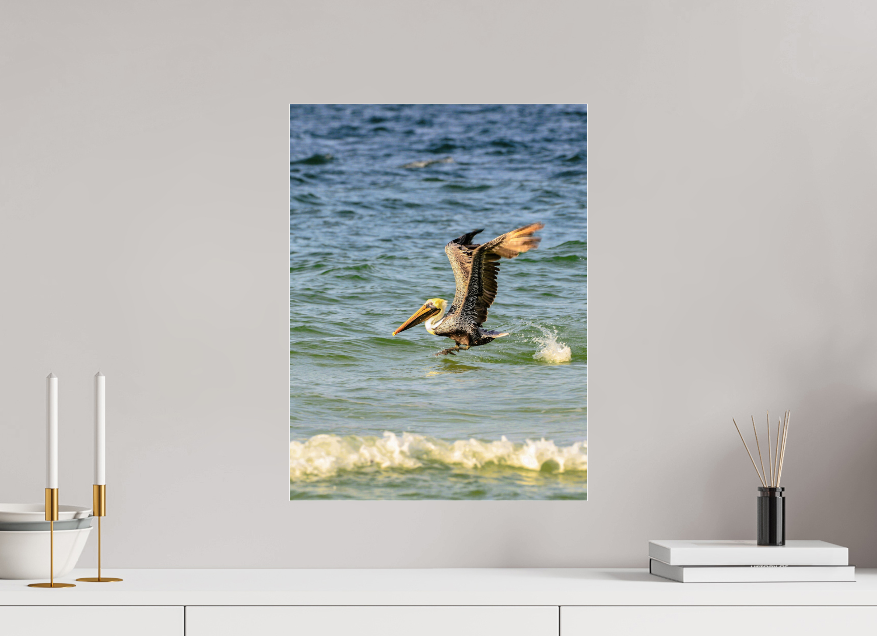 15 x 20″, Metallic Photo Print Under Acrylic Glass Pelican in Flight