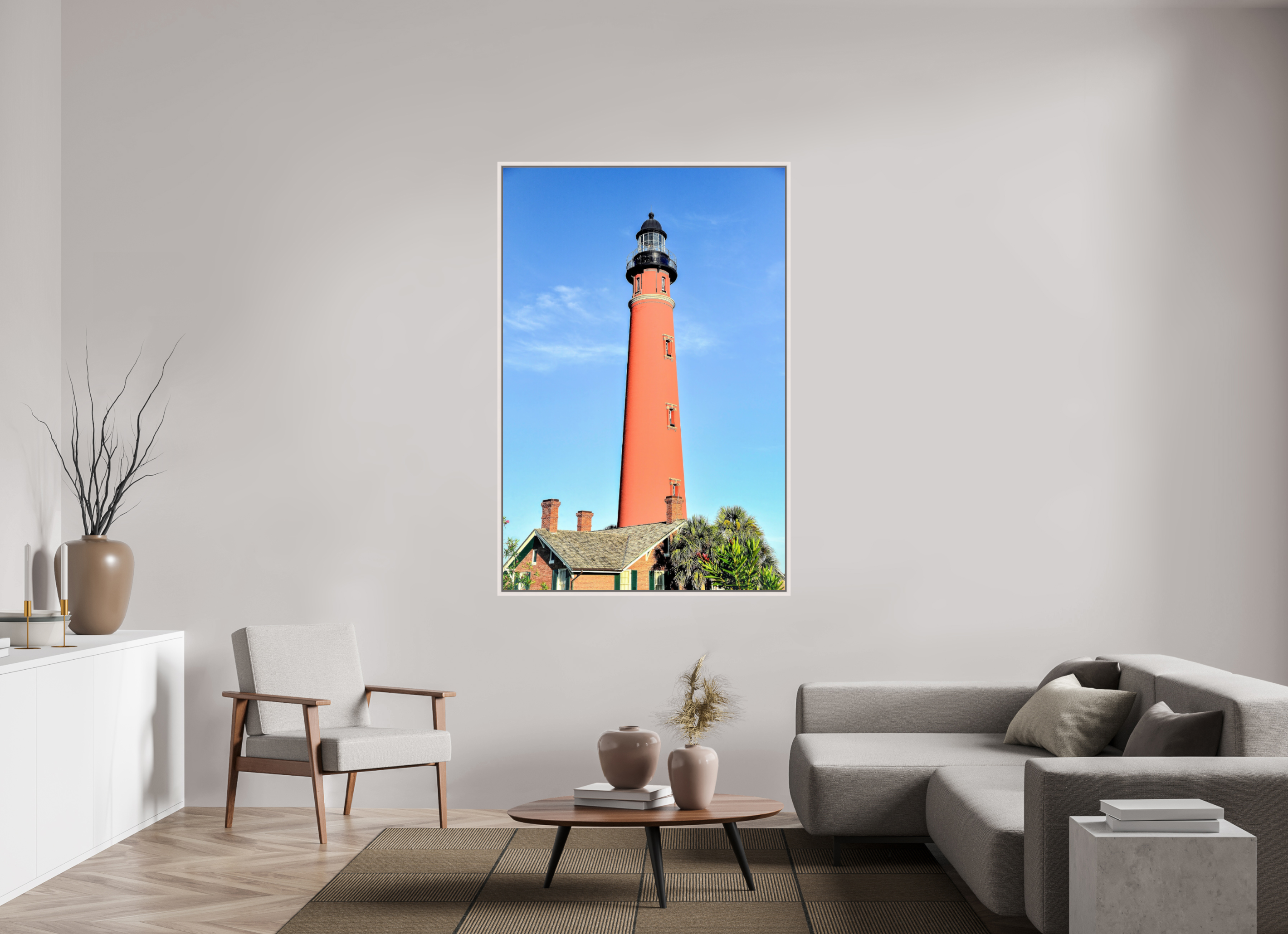 44 x 66″, Floater Frame, Basel 0.6", Maple White, Glossy Acrylic Glass Historic Red Brick Ponce de Leon Lighthouse