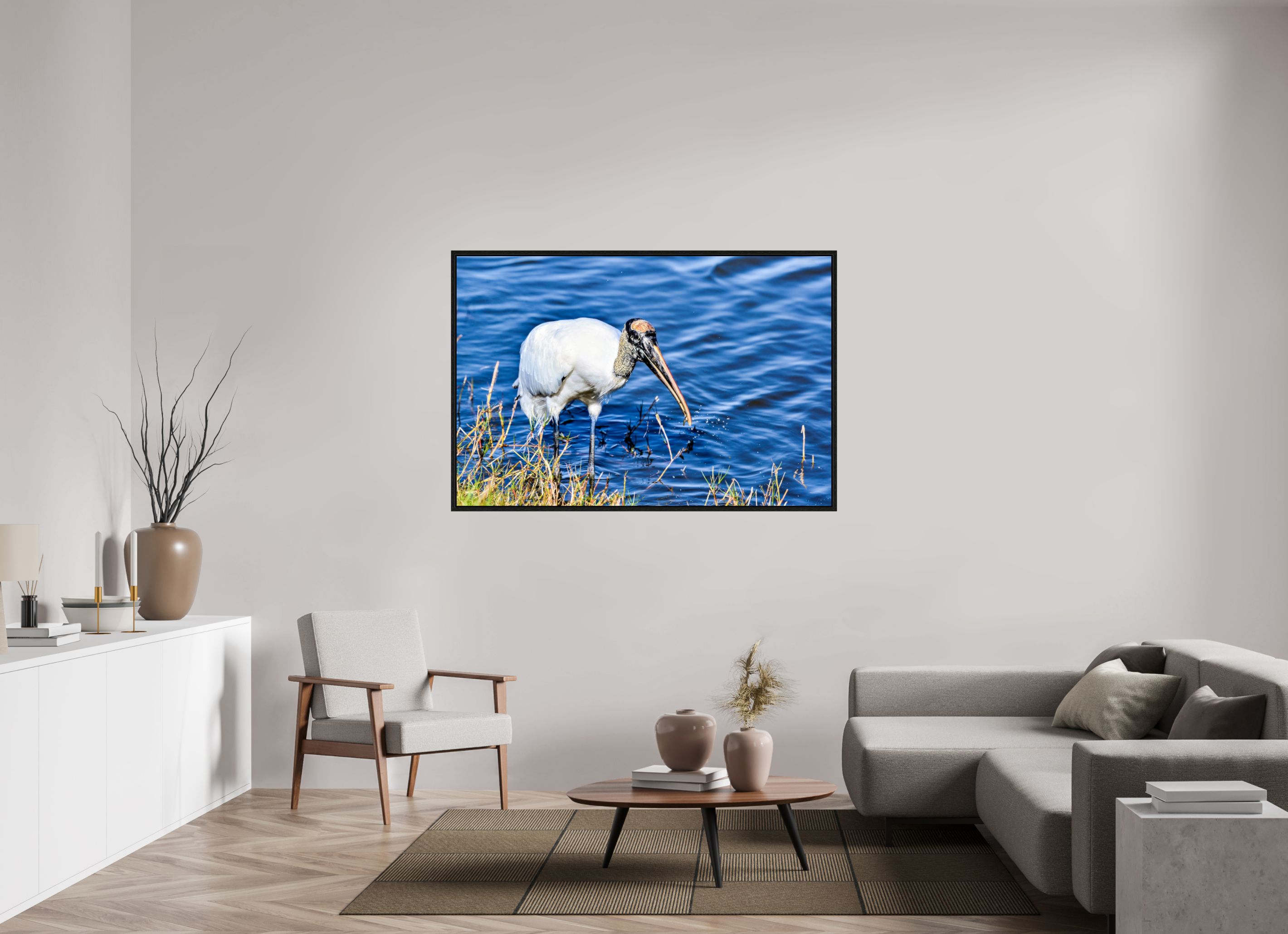 60 x 40″, Floater Frame, Basel 0.6", Black Oak, Glossy Acrylic Glass The Morning Catch: Wood Stork in Action