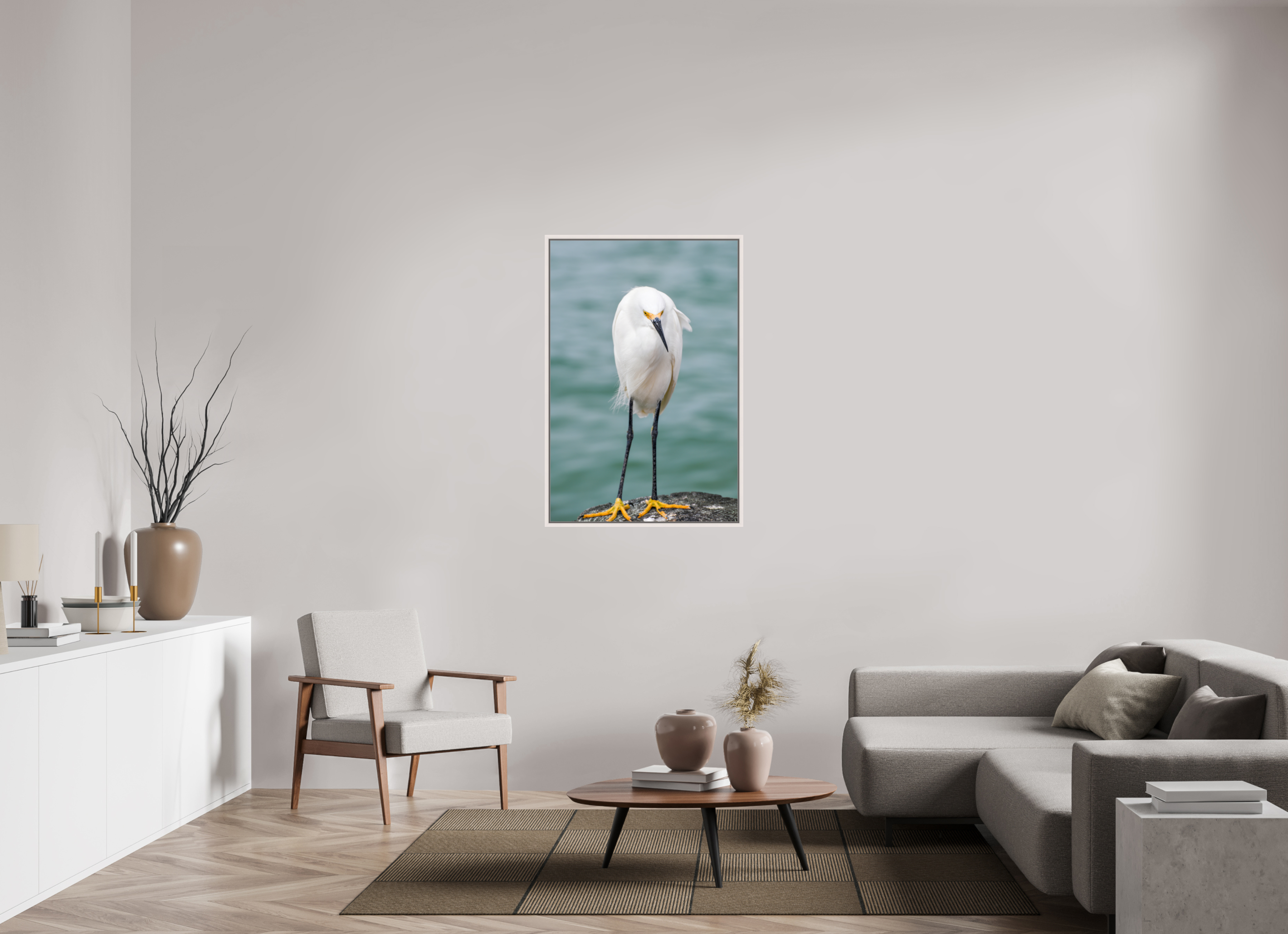 30 x 45″, Floater Frame, Basel 0.6", Maple White, Glossy Acrylic Glass The Patient Hunter