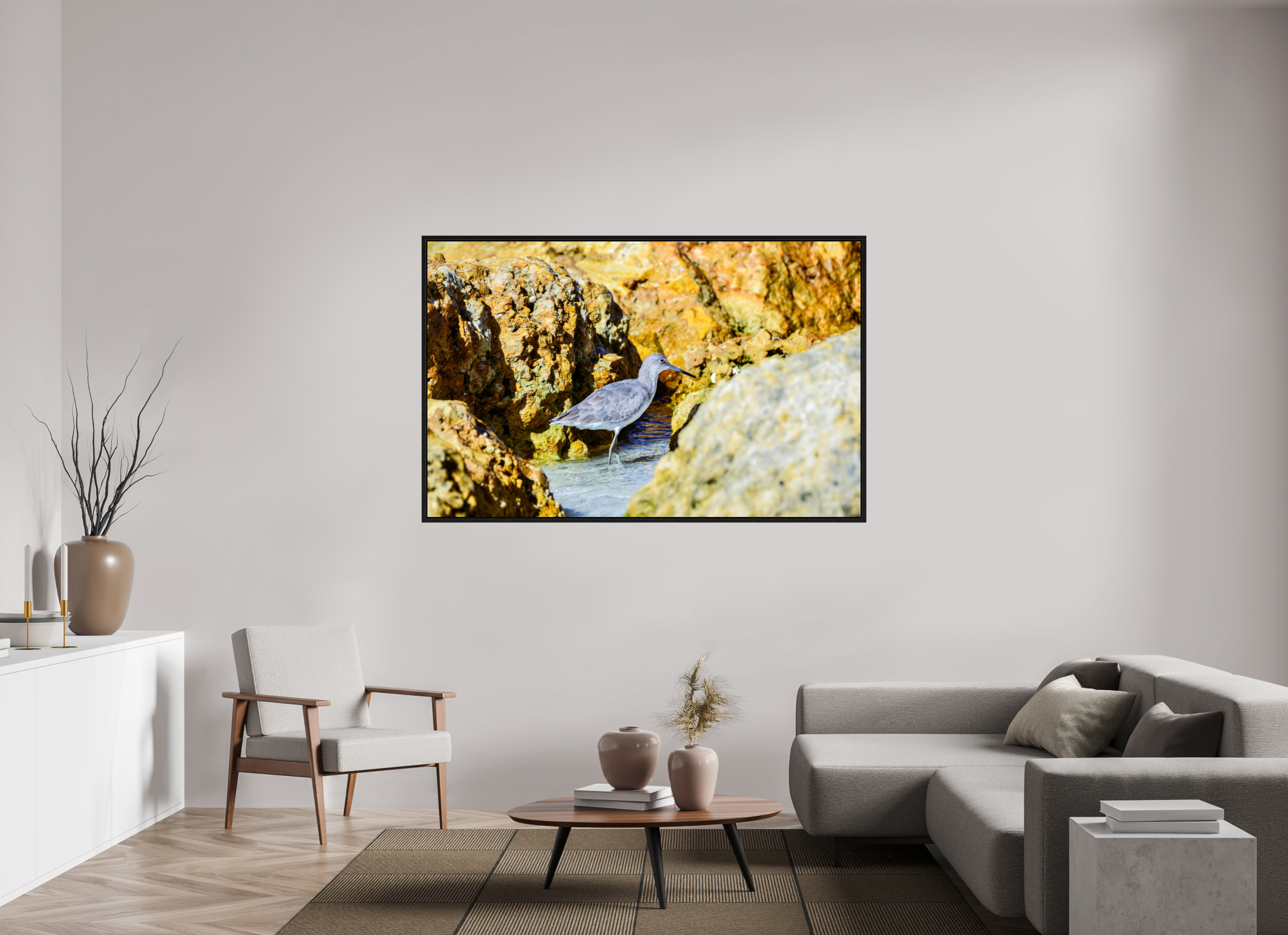 67.6 x 43″, Floater Frame The Hiding Willet