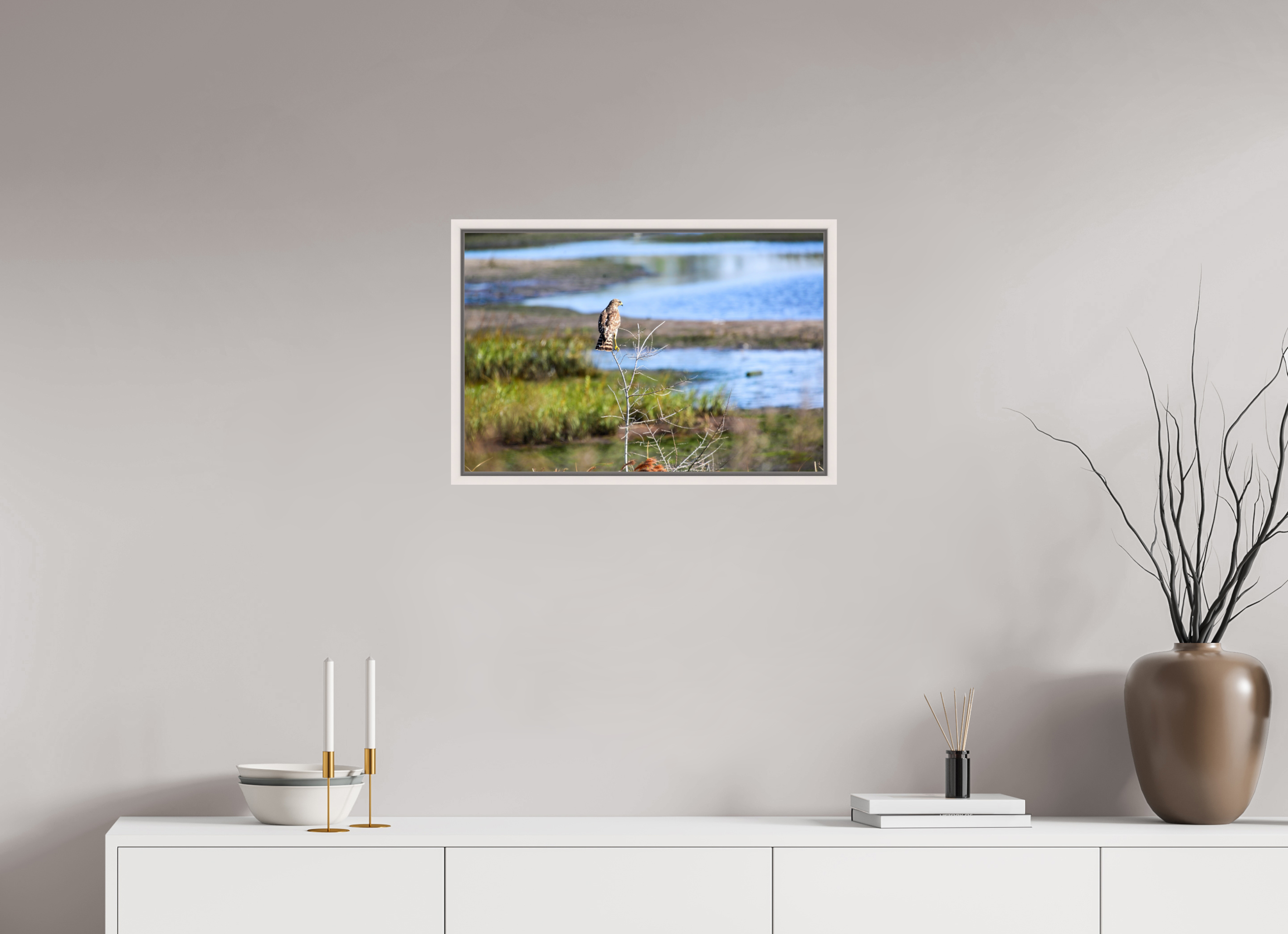 24 x 16″, Floater Frame, Basel 0.6", Maple White, Glossy Acrylic Glass Guardian of the Marsh