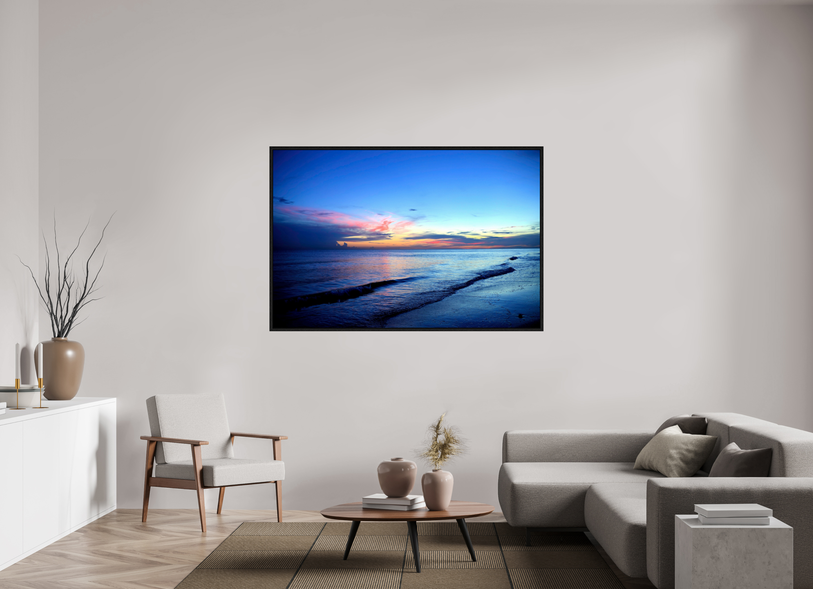 66 x 44″, Floater Frame, Basel 0.6", Black Oak, Glossy Acrylic Glass Indigo Horizon