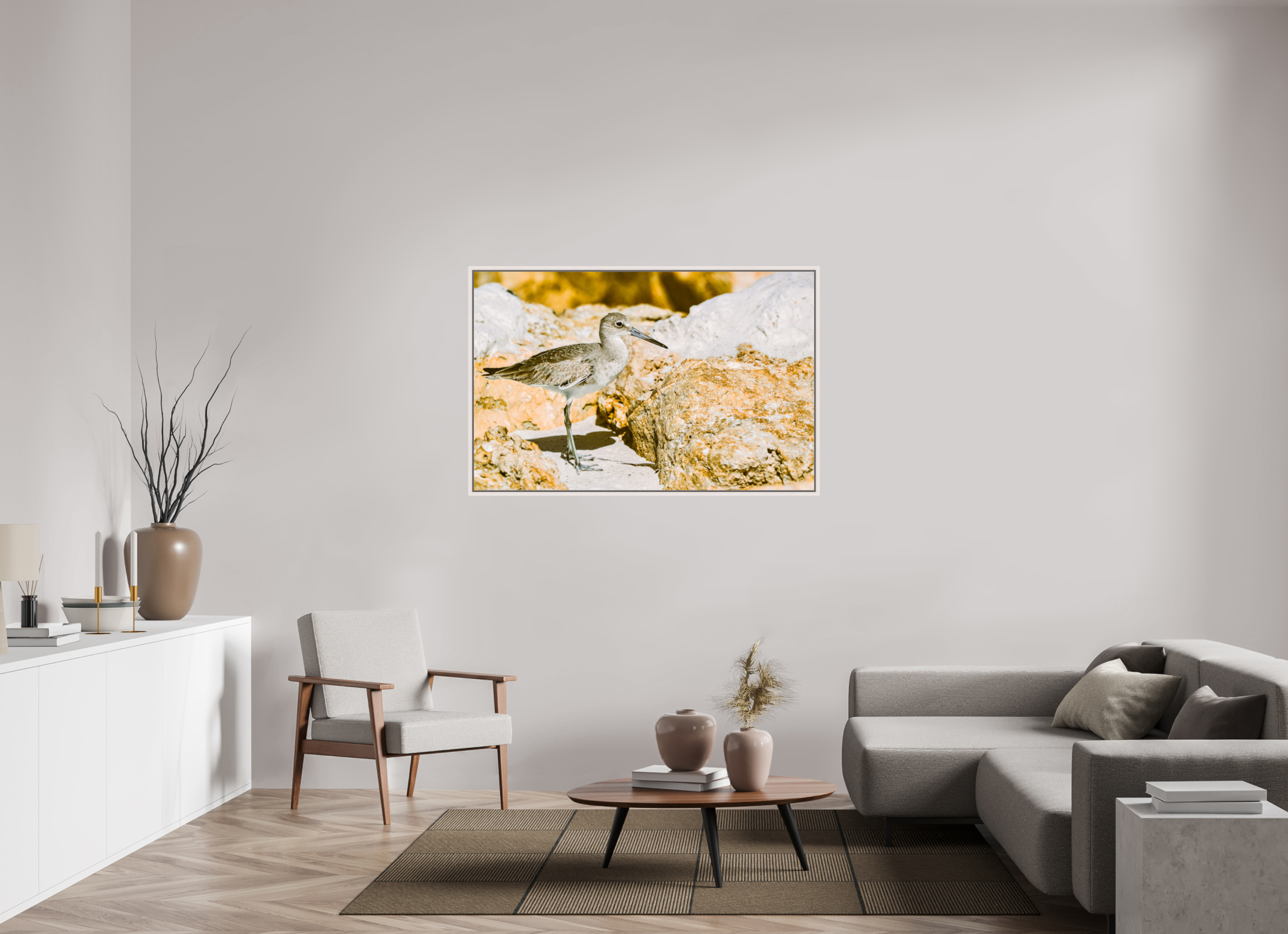 54.5 x 35″, Floater Frame, Basel 0.6", Maple White, Glossy Acrylic Glass The Sunny Willet