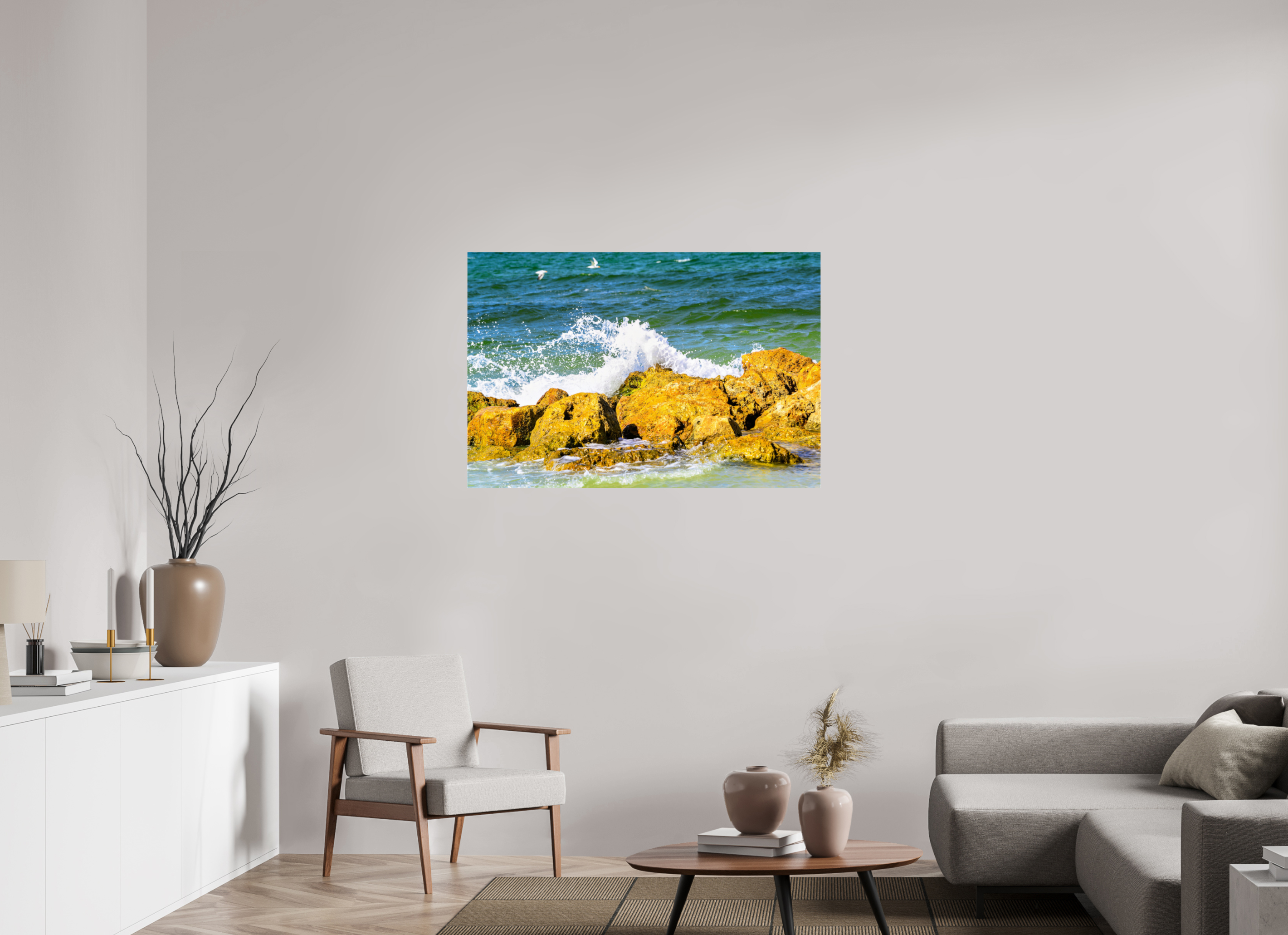 45 x 30″, Metallic Photo Print Under Acrylic Glass Waves Breaking