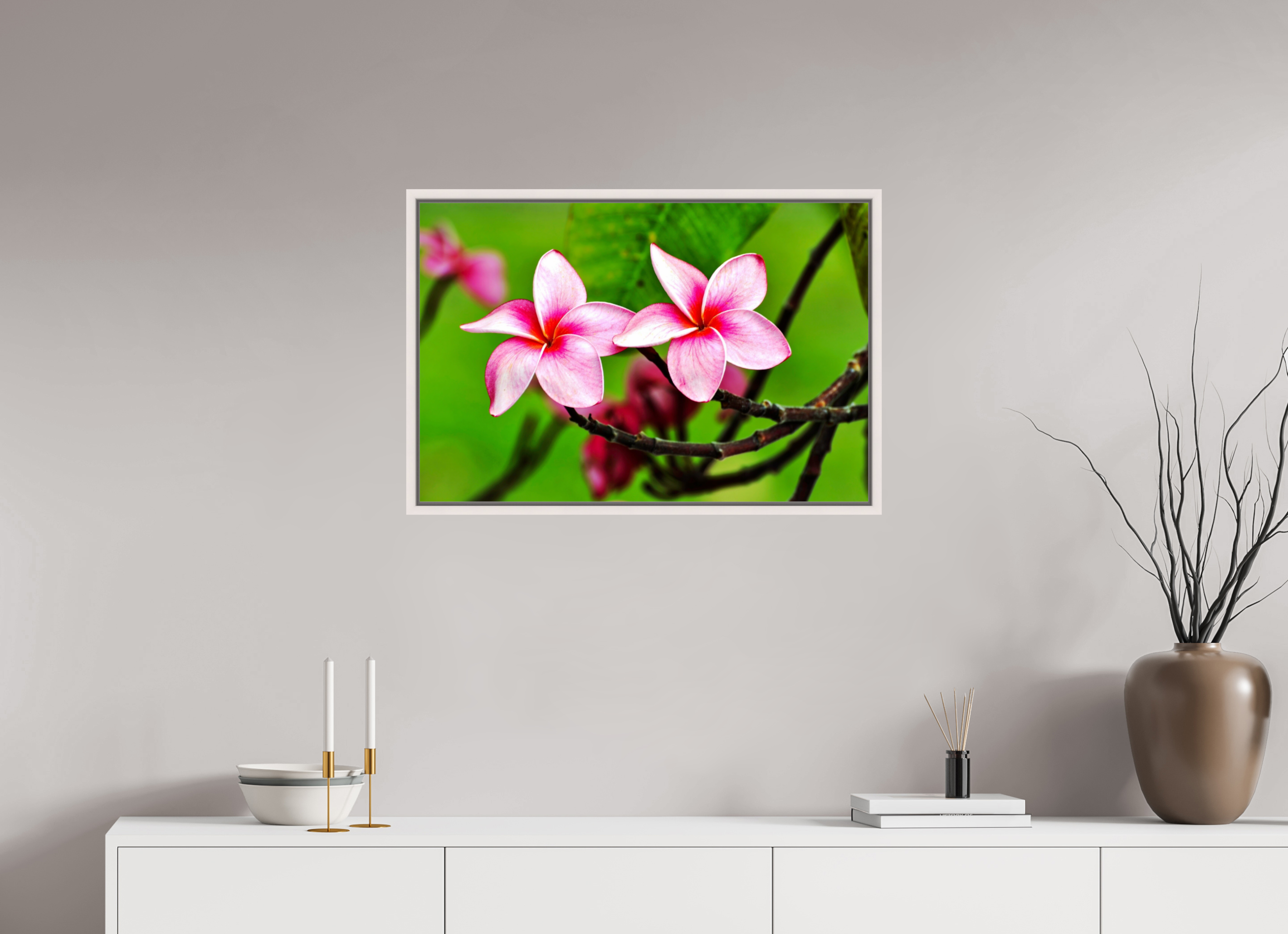 30 x 20″, Floater Frame, Basel 0.6", Maple White, Glossy Acrylic Glass Pink Plumeria Rubra (Frangipani)